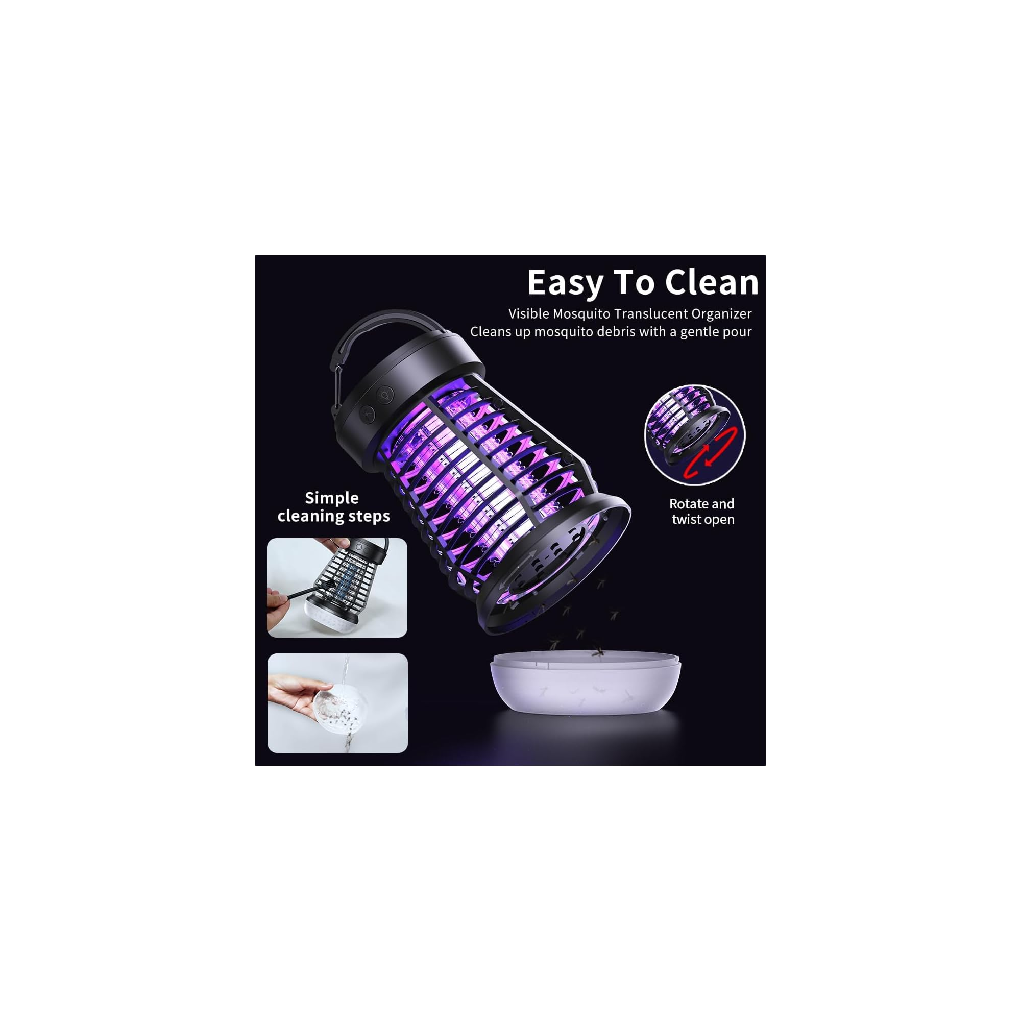Ein tragbarer schwarzer Mückenvernichter mit violettem UV-Licht und Anweisungen zum Reinigen.