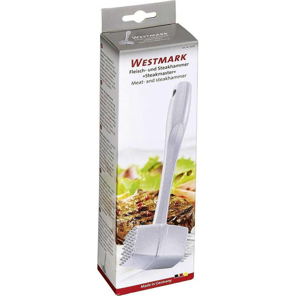 Produktverpackung eines silbernen Westmark Fleischhammers Steakmaster mit abgebildetem Steak.