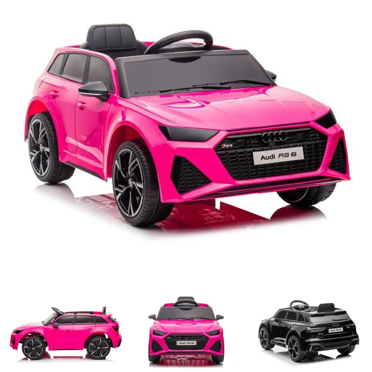 Ein hellrosa Elektro-Spielzeugauto, Modell Audi RS 6, von vorne in Dreiviertelansicht vor weißem Hintergrund.