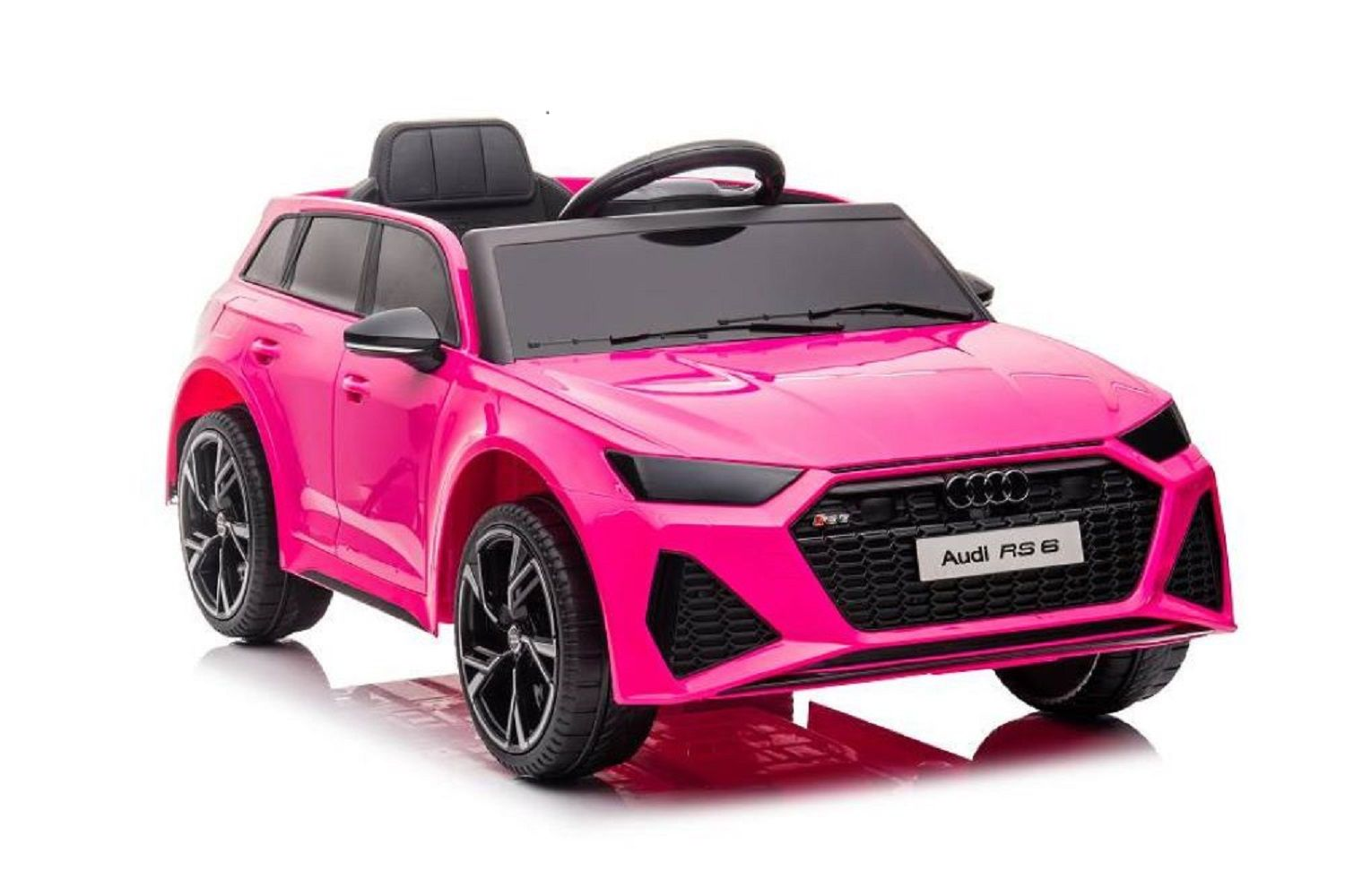 Ein hellrosa Audi RS6 Spielzeugauto für Kinder auf weißem Hintergrund mit schwarzen Details.