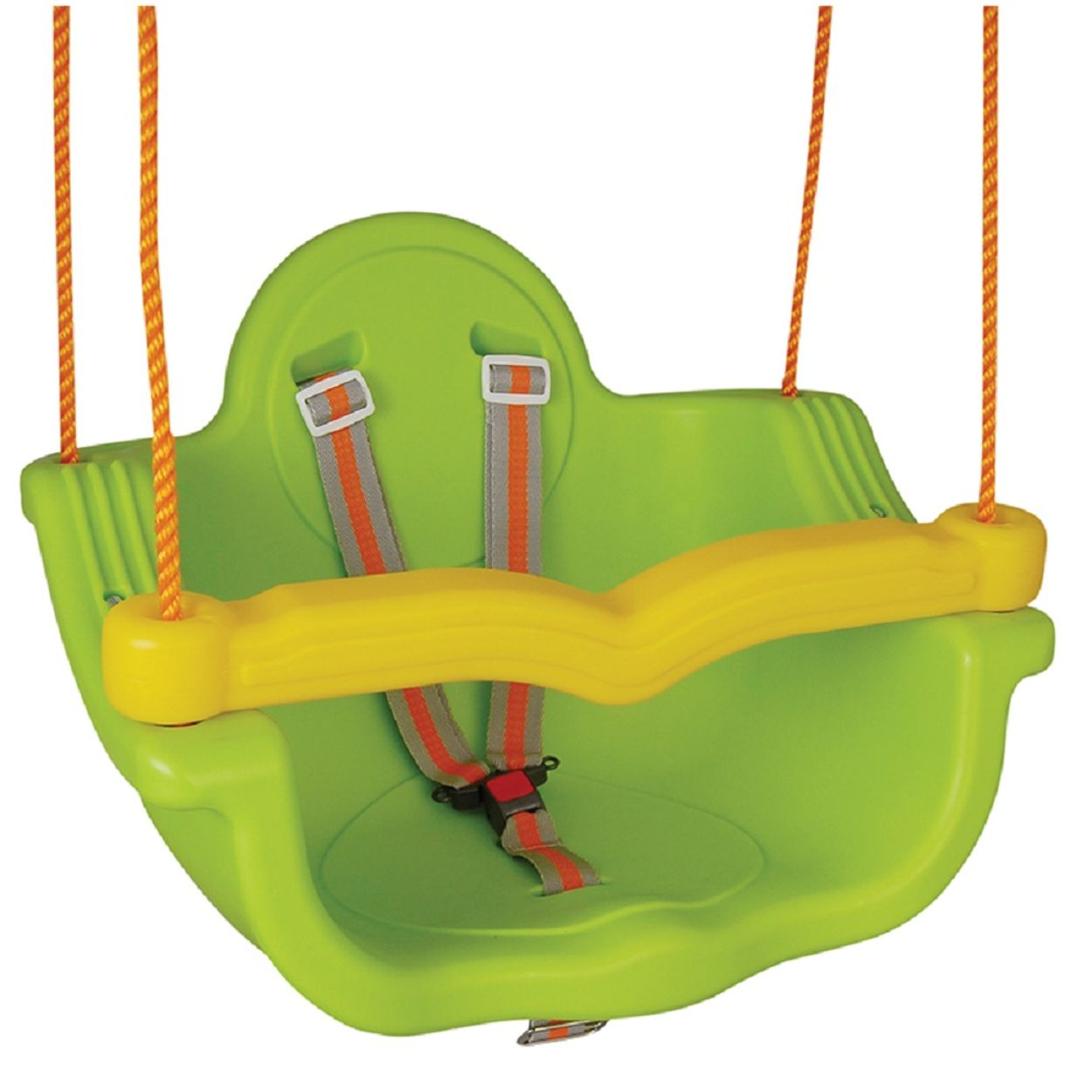 Grüner Kleinkinderschaukel-Sitz mit gelber Stange und Gurten, an orangefarbenen Seilen aufgehängt.