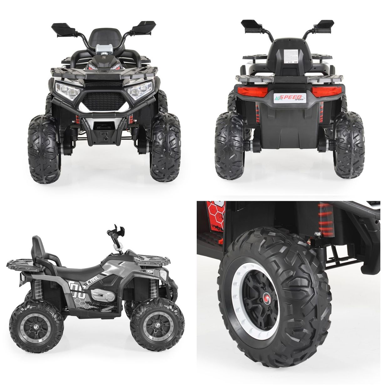 Vier Ansichten eines schwarzen Kinder-ATVs mit großen profilierten Reifen und Details.