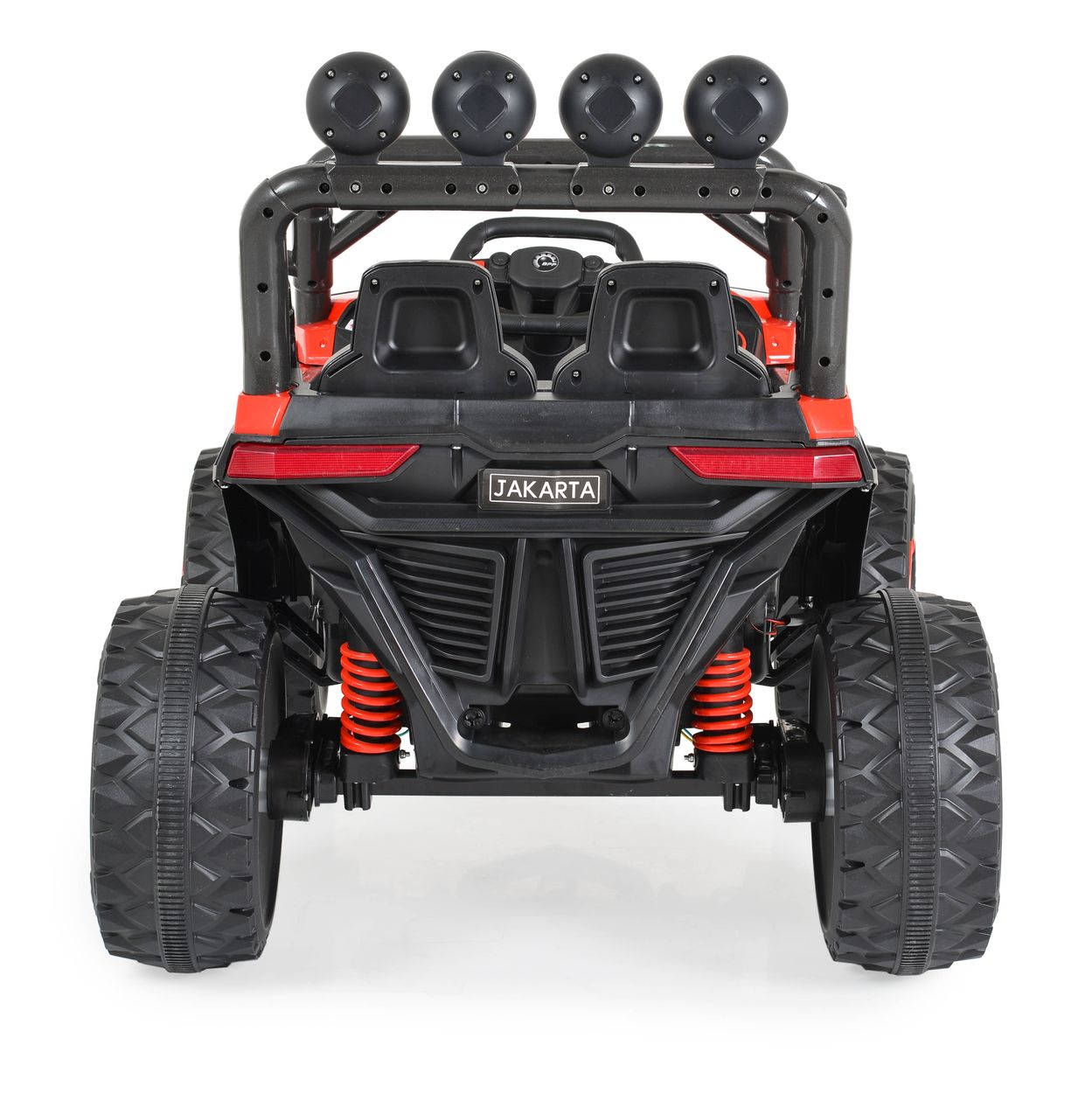 Rotes Kinder-Elektroauto von hinten mit Lichtern, Überrollbügel und dicken Reifen auf weißem Hintergrund.