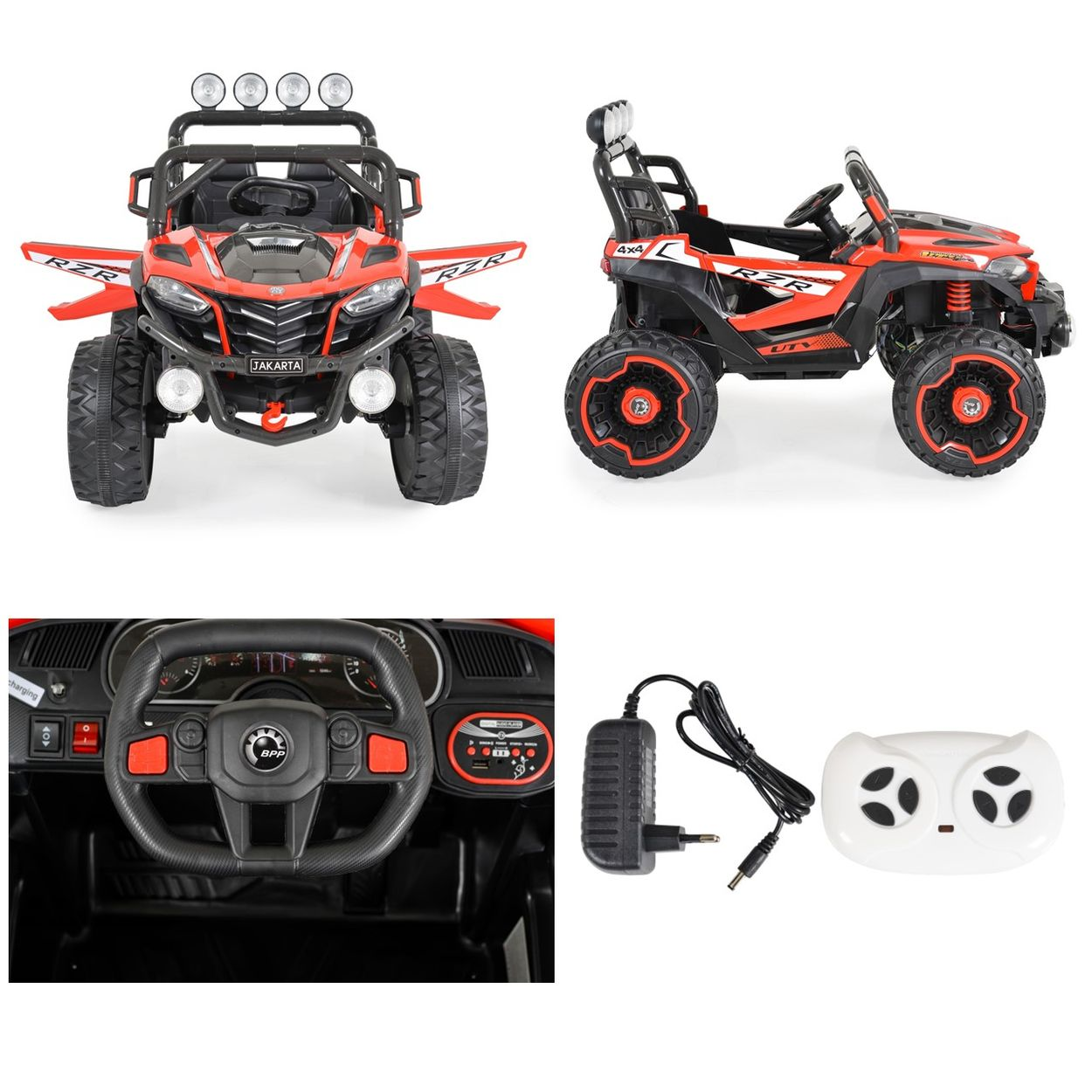 Rotes und schwarzes Spielzeug-UTV mit großen Rädern, Lenkrad, Ladegerät und Fernbedienung.