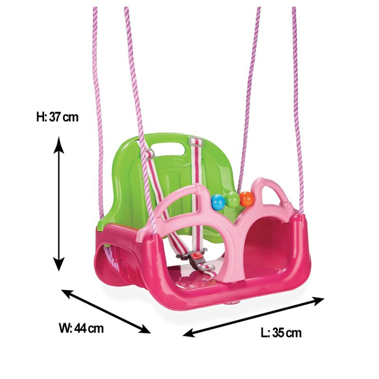 Rosa und grüne Babyschaukel mit Seilen und Maßangaben für Höhe, Breite und Länge.
