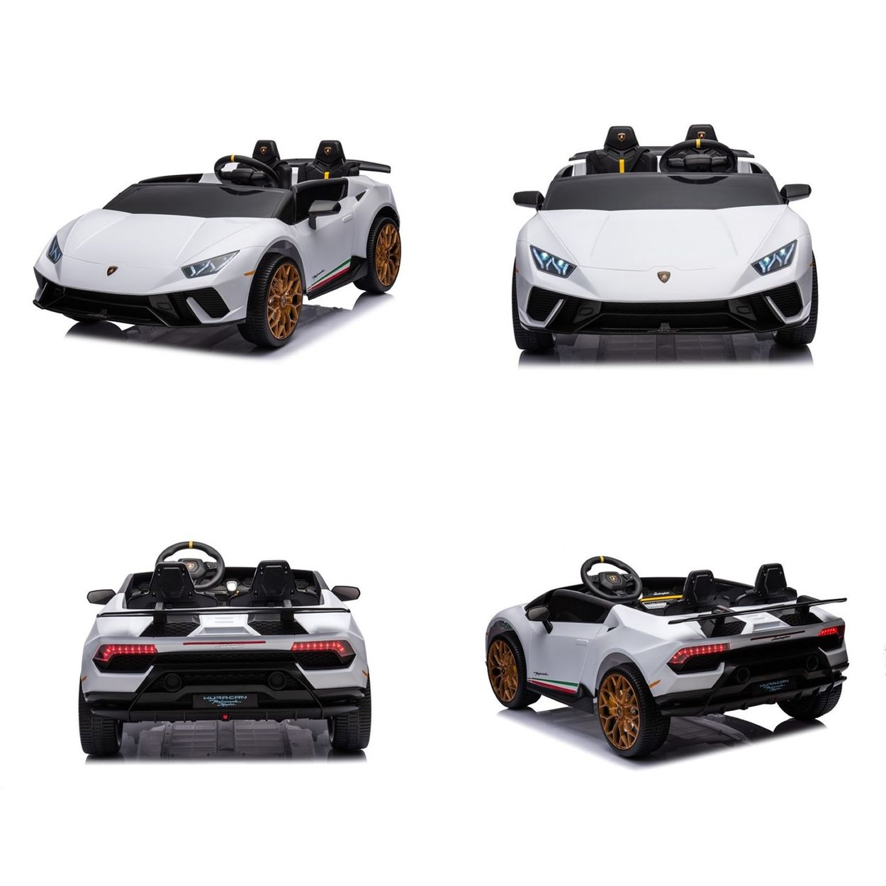 Vier Ansichten eines weißen Kinder-Elektroautos im Lamborghini-Design mit goldenen Felgen vor weißem Hintergrund.