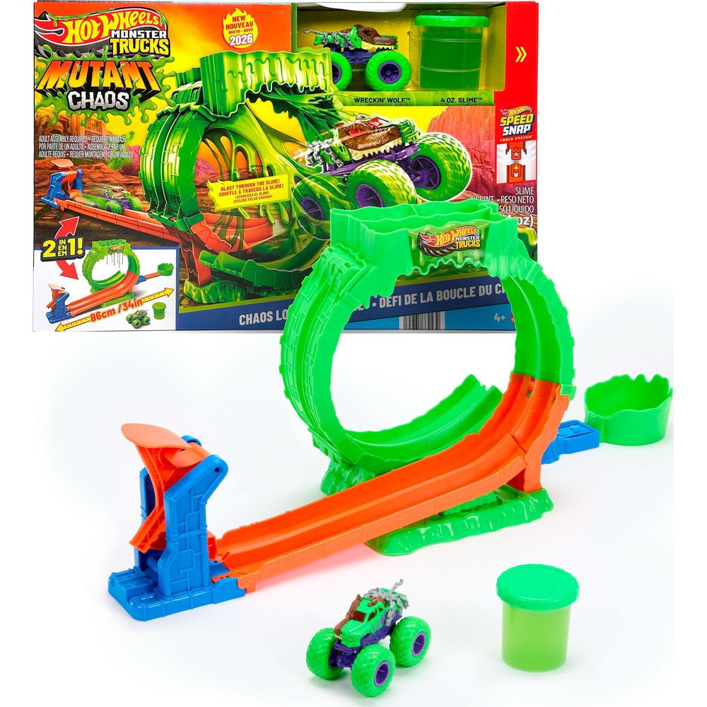 Hot Wheels Monster Trucks Set mit grüner Looping-Rennbahn, einem Monstertruck und Schleim-Dose vor der Verpackung.
