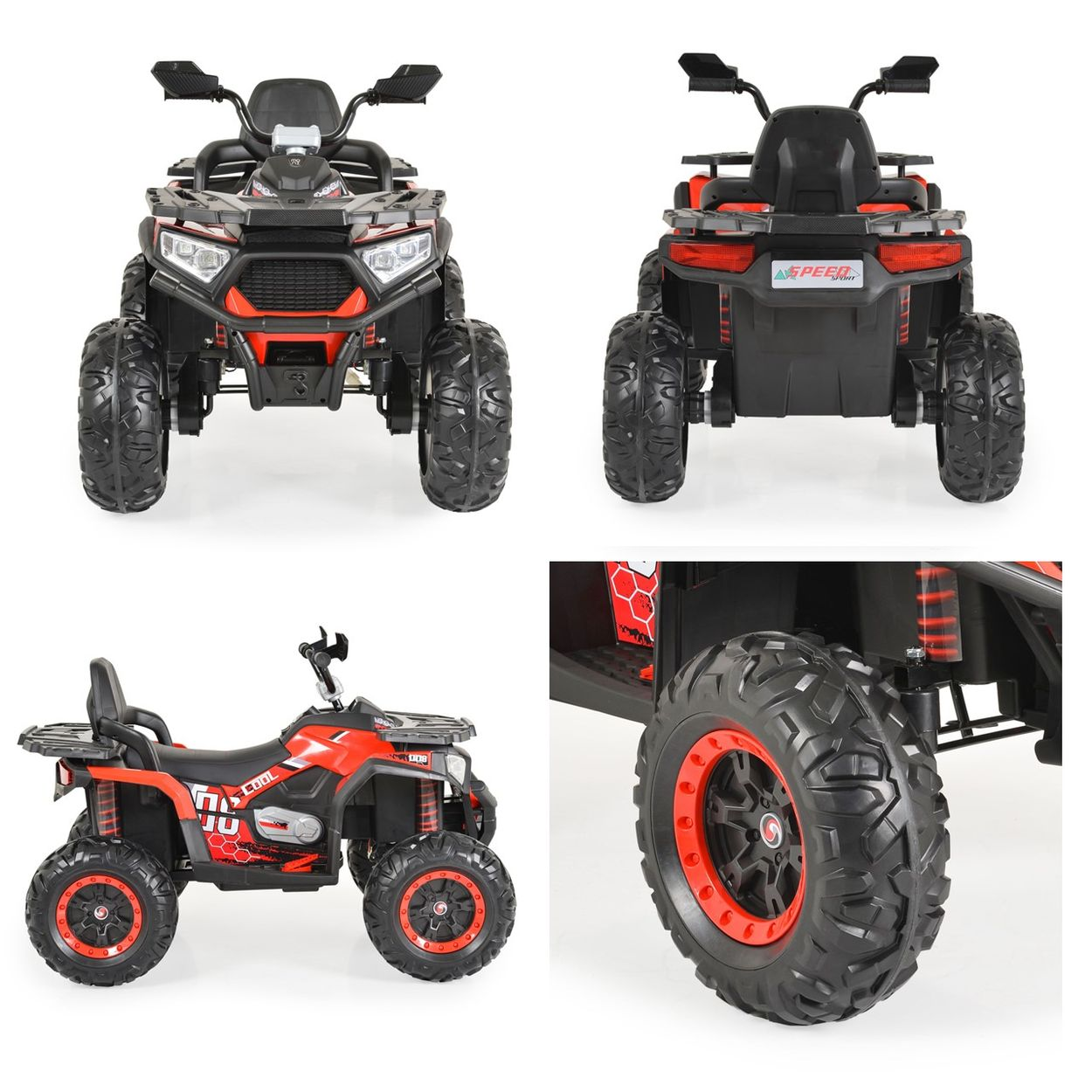 Vier Ansichten eines rot-schwarzen Kinder-Elektro-Quads mit großen Stollenreifen auf weißem Hintergrund.