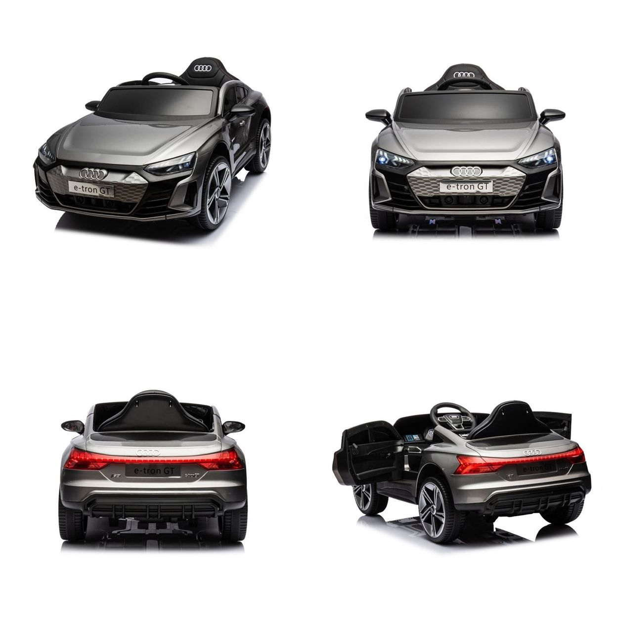 Graues Audi e-tron GT Kinder-Elektroauto aus verschiedenen Blickwinkeln.