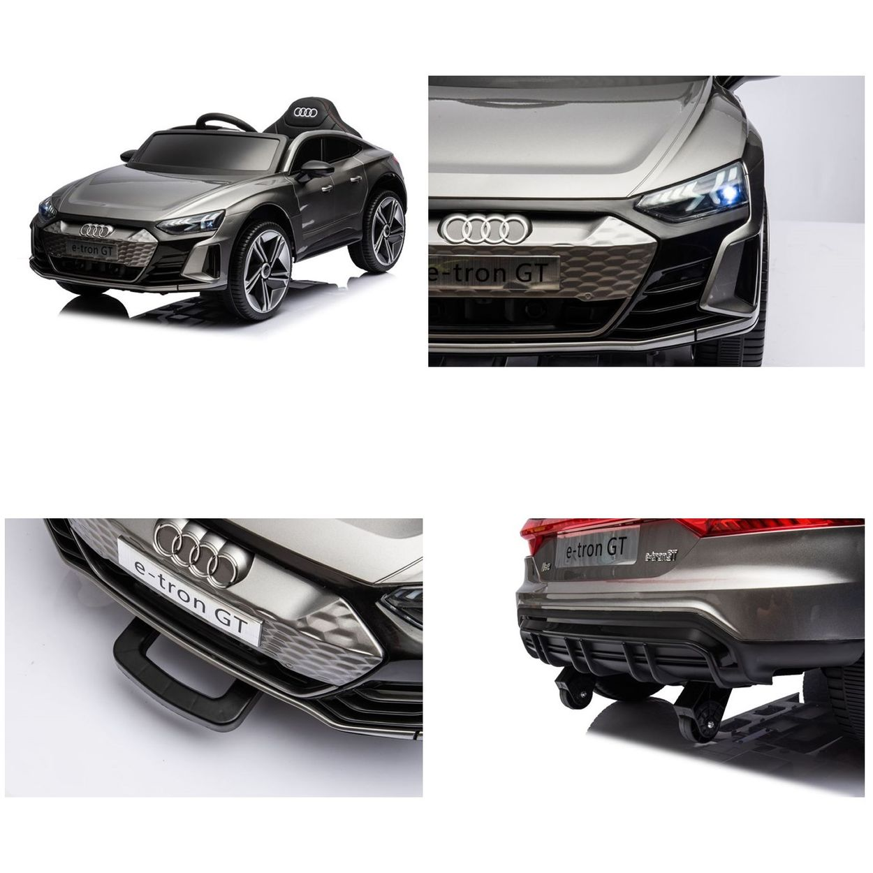 Graues Audi e-tron GT Kinder-Elektroauto in vier Detailansichten mit Scheinwerfern und Logos.