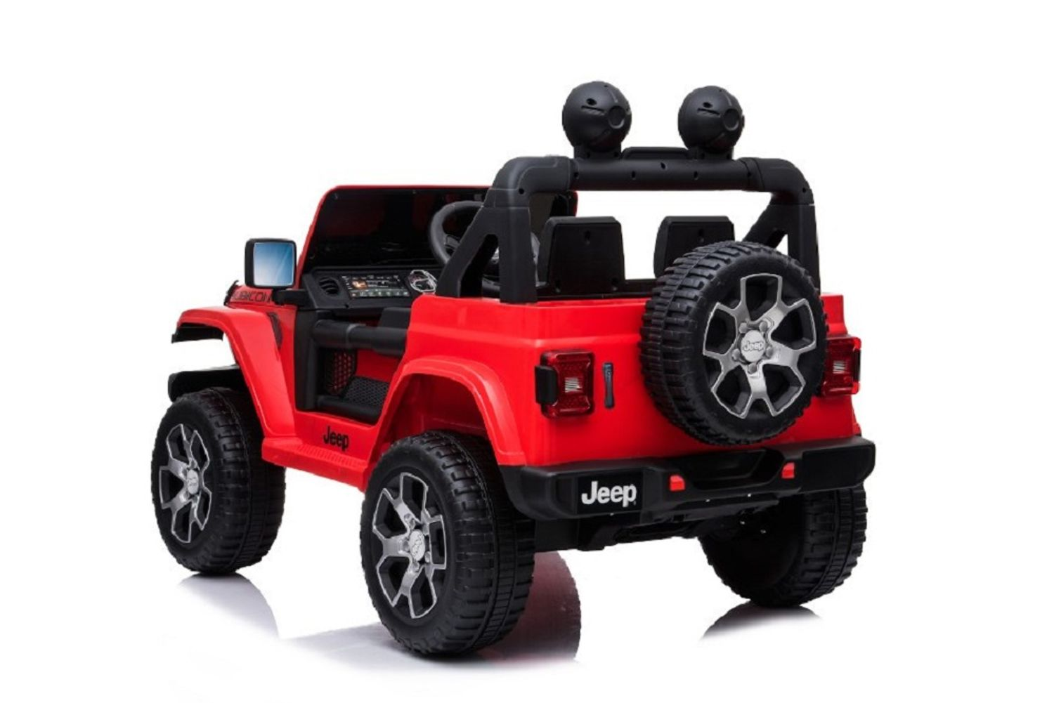 Ein rotes elektrisches Spielzeugauto im Jeep-Design mit Reserverad, schwarzen Überrollbügeln und Scheinwerfern.