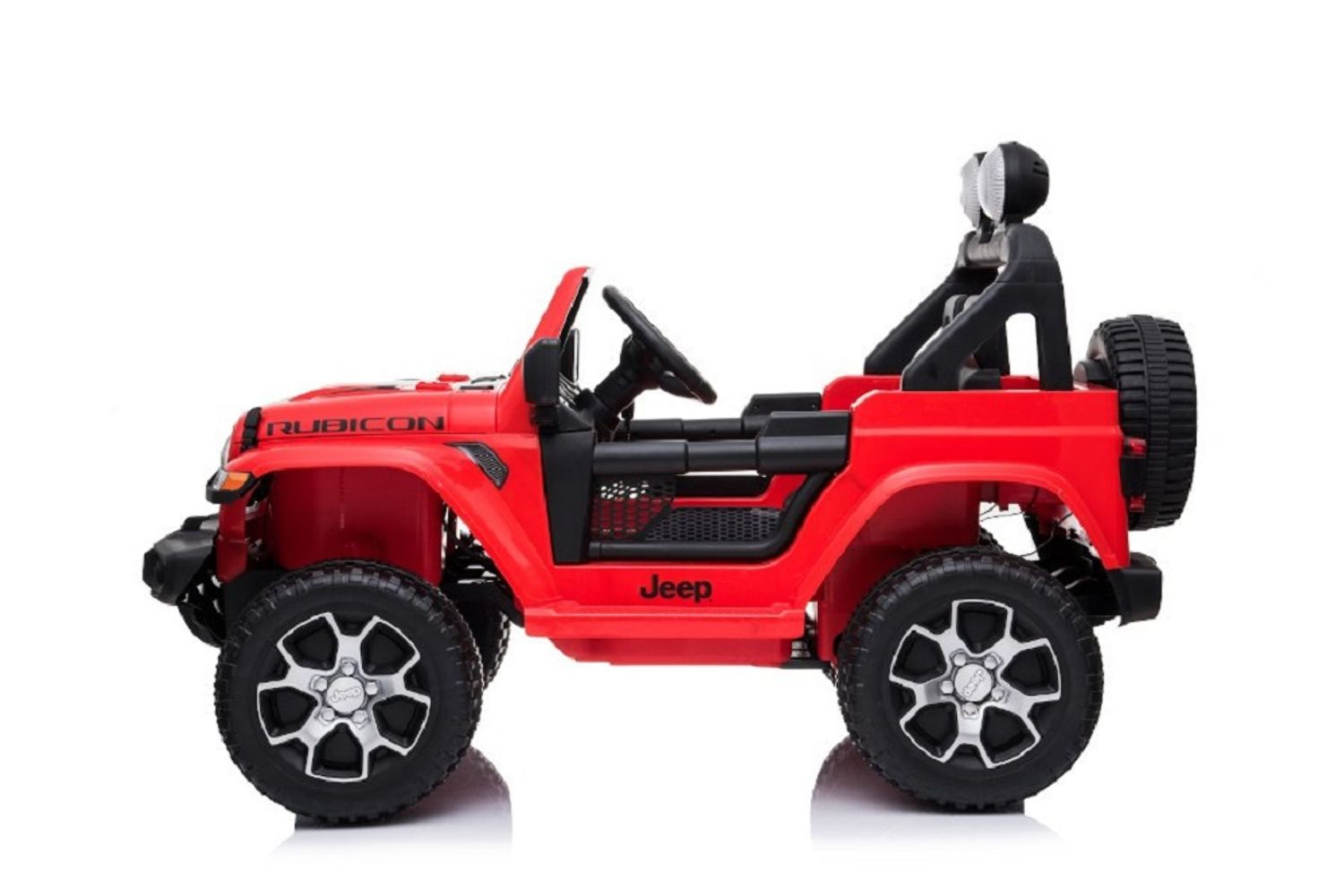 Ein rotes Jeep Rubicon Spielzeugauto vor weißem Hintergrund, Seitenansicht.