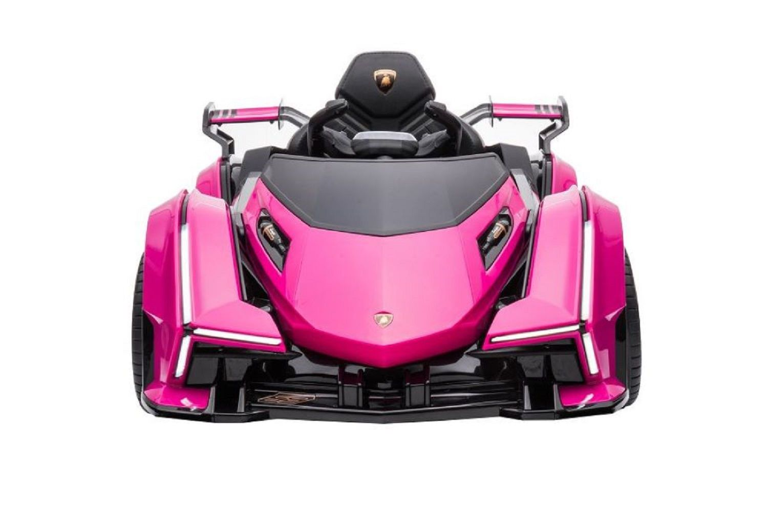 Ein pinkes Spielzeug-Elektroauto im Lamborghini-Stil von vorne, mit Scheinwerfern und Sitzen.