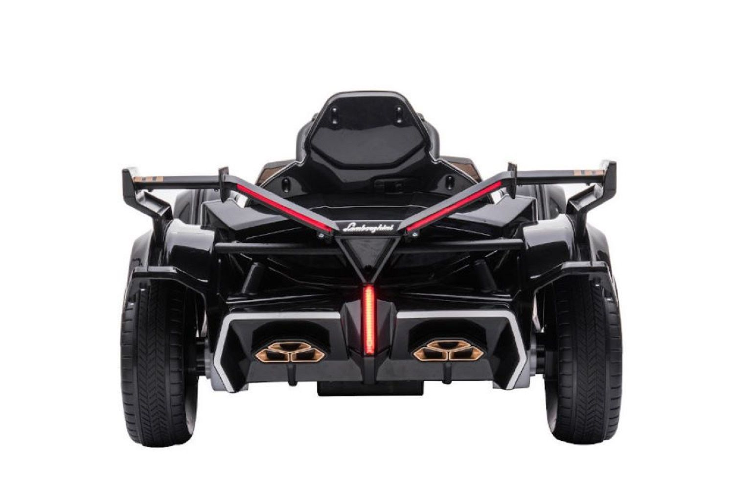 Rückansicht eines schwarzen Spielzeug-Lamborghini mit leuchtend roten Lichtern und Auspuffrohren auf weißem Grund.