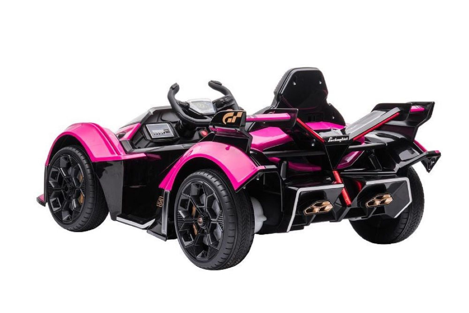 Ein rosafarbenes und schwarzes Spielzeugauto mit großen Rädern und Spoilern, von hinten auf weißem Hintergrund.