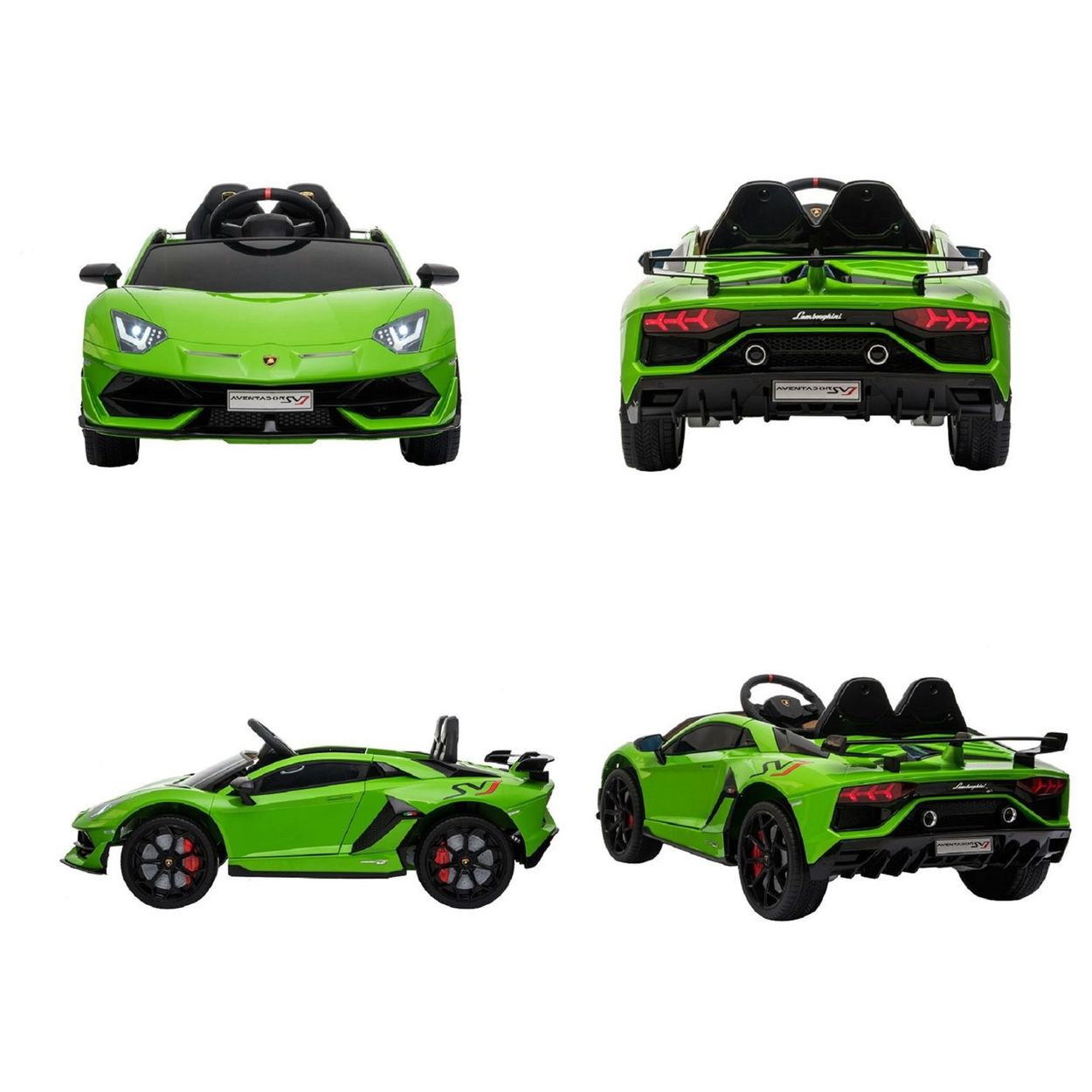 Vier Ansichten eines grünen Lamborghini Kinder-Elektroautos von vorne, hinten, der Seite und hinten schräg.