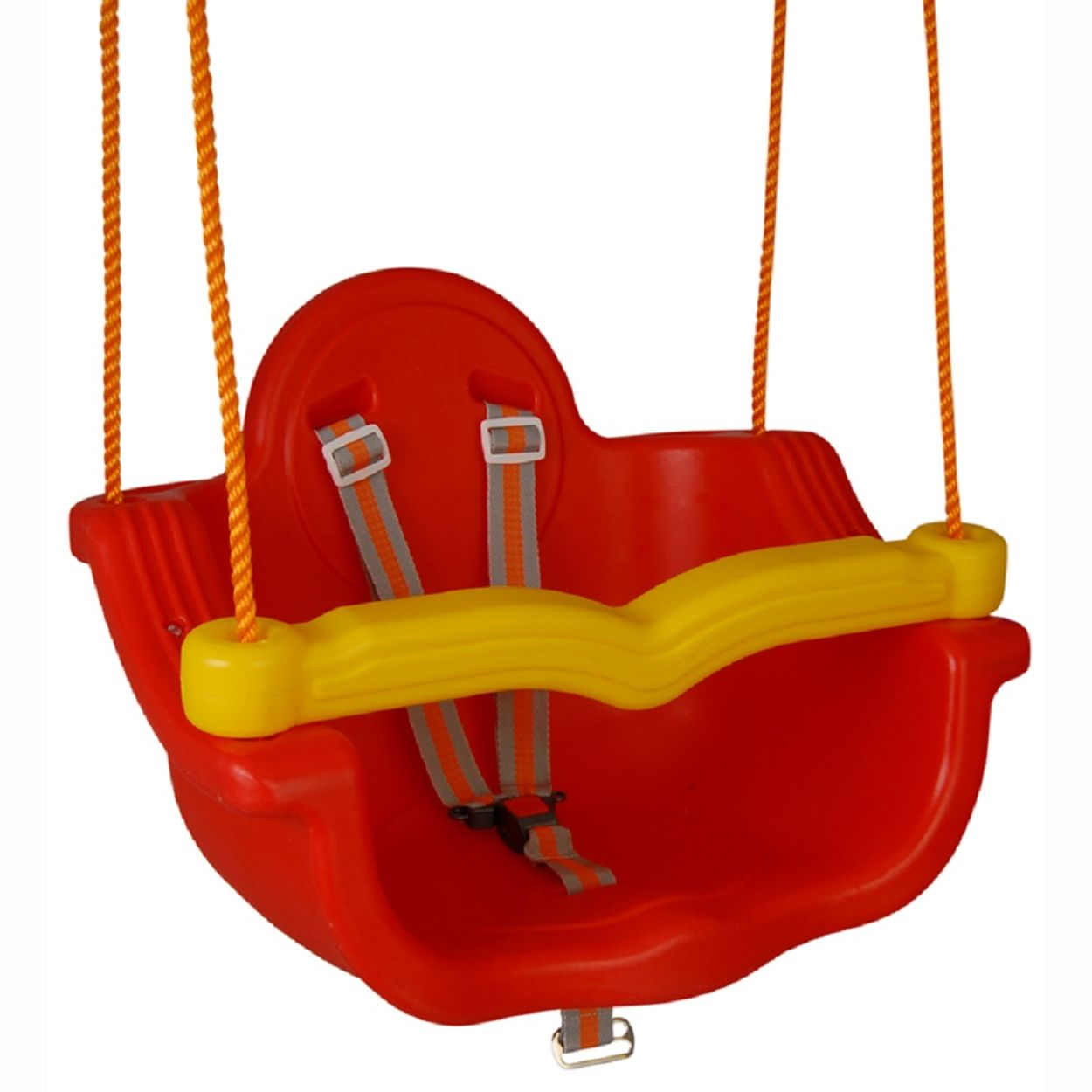 Ein roter Babyschaukel-Sitz aus Kunststoff mit gelbem Schutzbügel und grauen Gurten, aufgehängt an orangefarbenen Seilen.