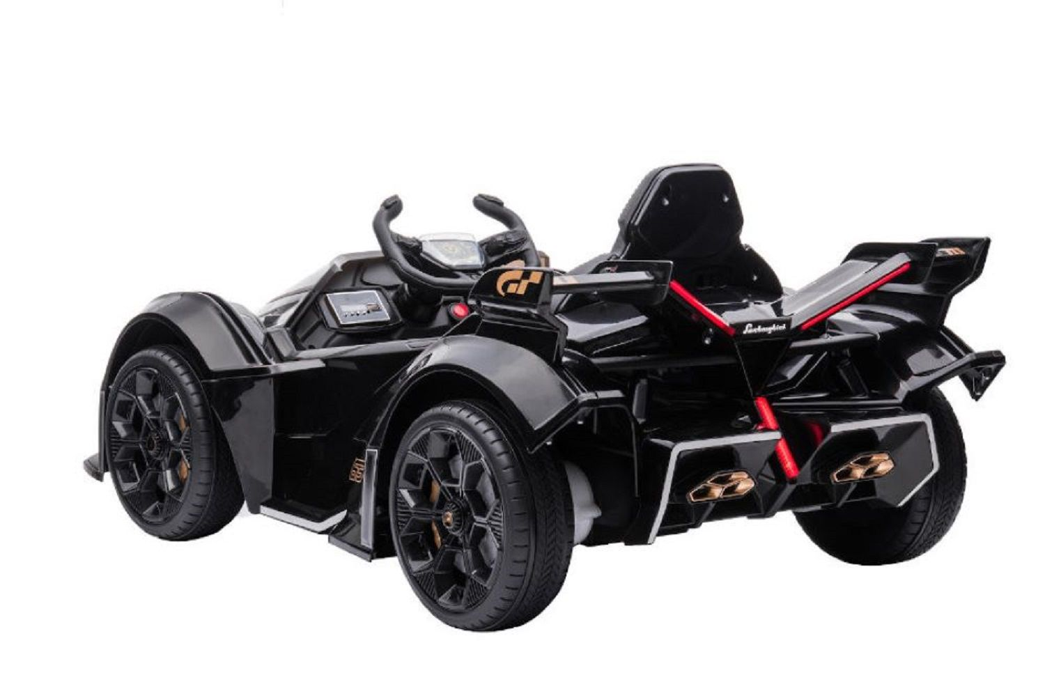 Ein schwarzes Spielzeugauto im Sport-Stil mit großen Rädern, Heckspoiler und einem Sitz vor weißem Hintergrund.