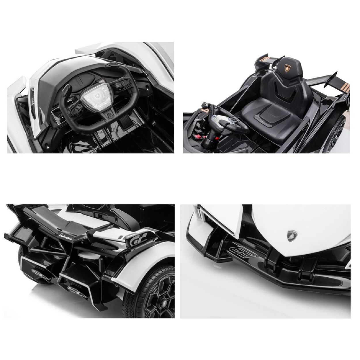 Vier Detailaufnahmen eines weißen und schwarzen Lamborghini-Spielzeugautos mit Lenkrad, Sitz und Spoiler.