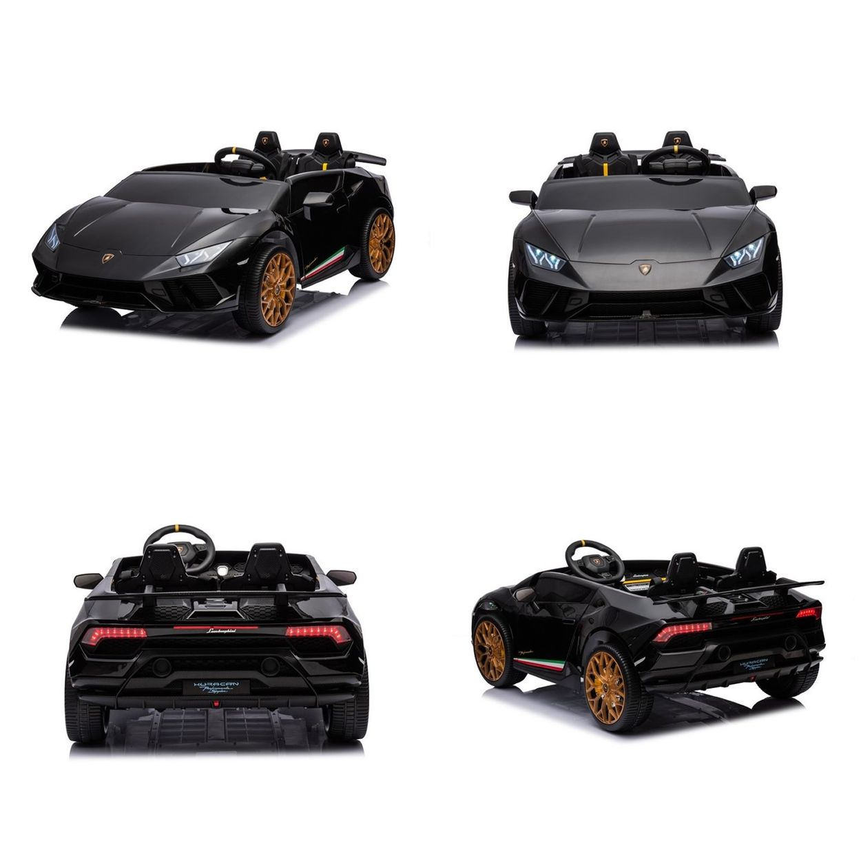 Vier Ansichten eines schwarzen Lamborghini-Kinderautos mit goldenen Felgen und leuchtenden Scheinwerfern.
