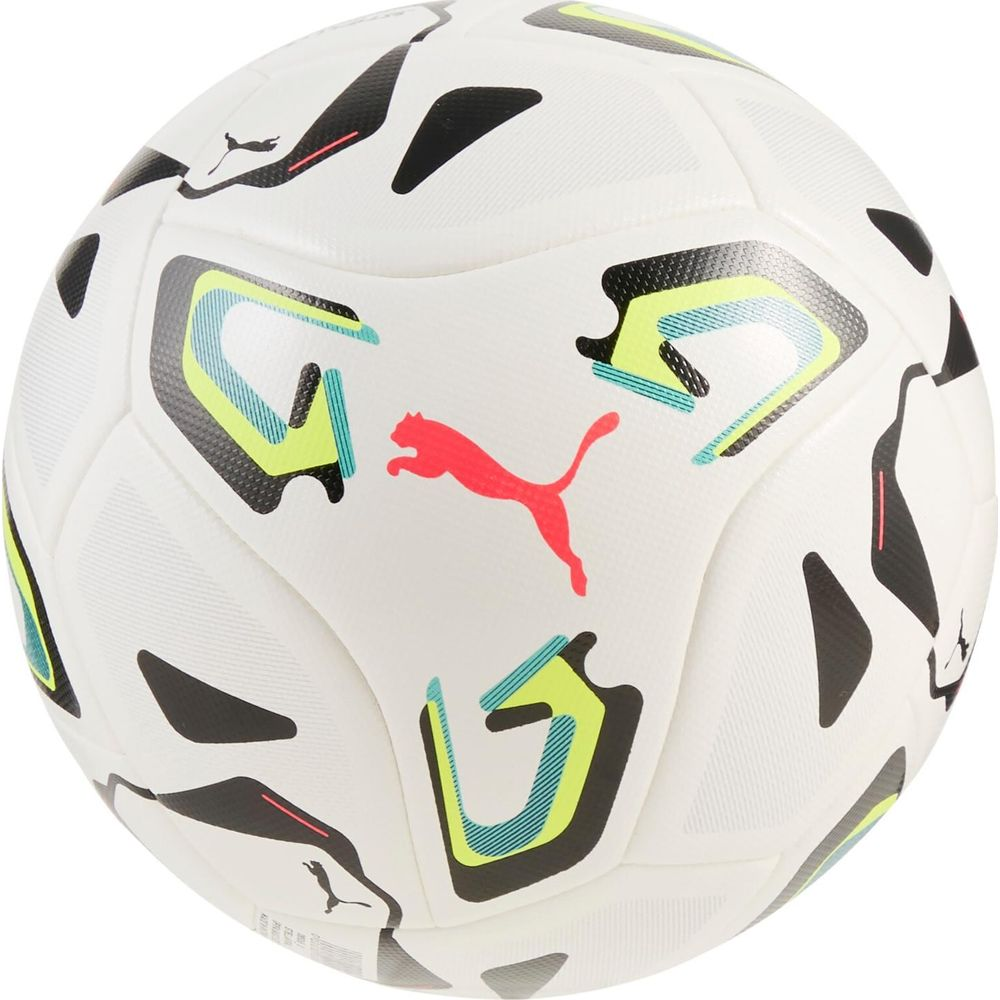 Ein weißer Puma Fußball mit schwarzen, gelben und blauen Mustern und einem roten Puma-Logo auf der Vorderseite.