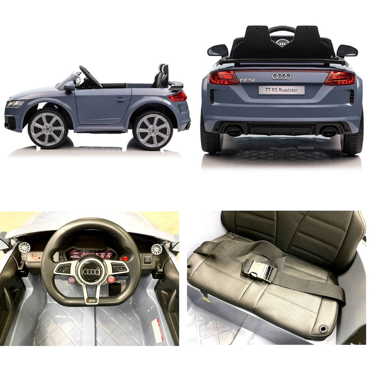 Vier Ansichten eines grauen Audi TT RS Kinder-Elektroautos, zeigen Seite, Heck, Lenkrad und Sitz.