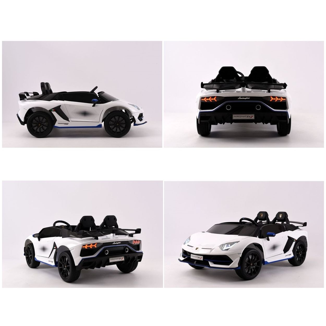 Vier Ansichten eines weißen Lamborghini-Kinderautos mit schwarzen Rädern und Details vor weißem Hintergrund.
