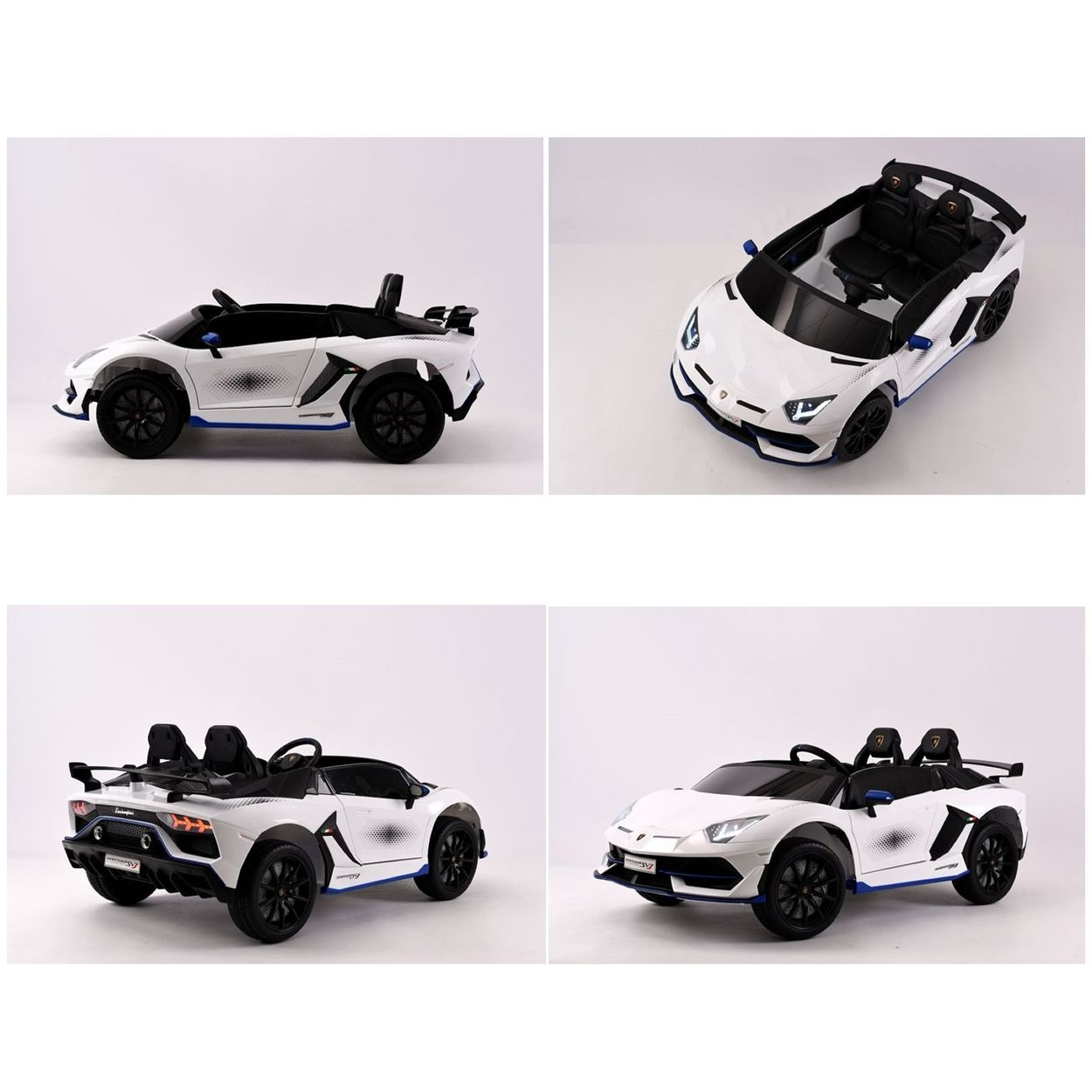 Vier Ansichten eines weißen Kinder-Elektroautos im Lamborghini-Design mit schwarzen Akzenten vor weißem Hintergrund.