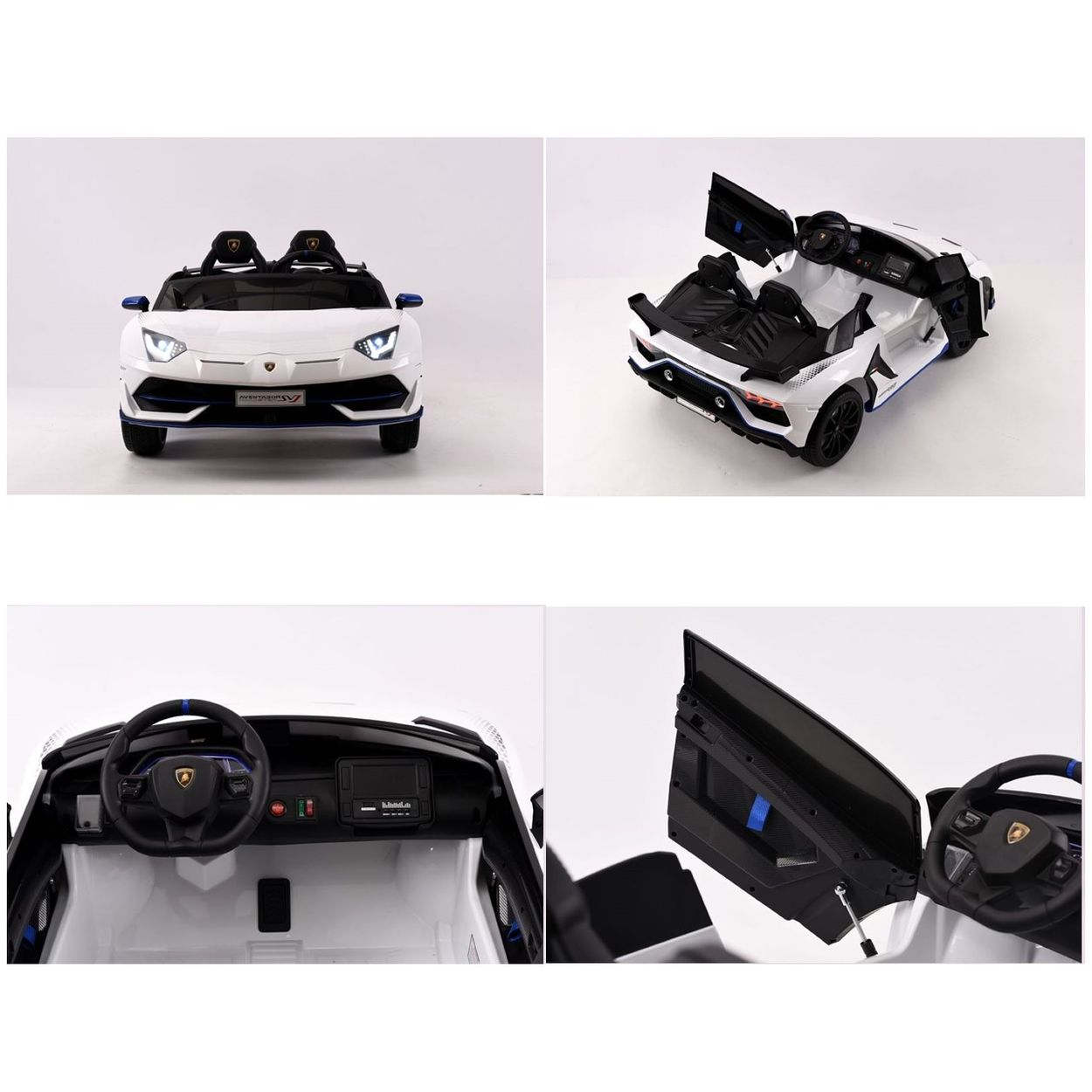 Vier Ansichten eines weißen Kinder-Elektroautos im Lamborghini-Design mit offenen Türen und Cockpit.