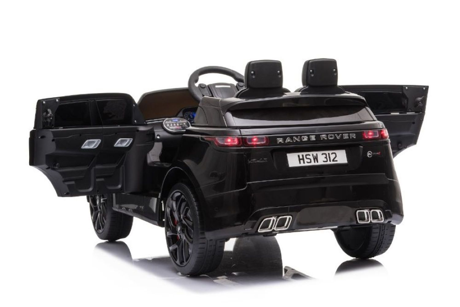 Schwarzes elektrisches Kinder-Range-Rover-Spielauto mit offenen Türen und Beleuchtung.