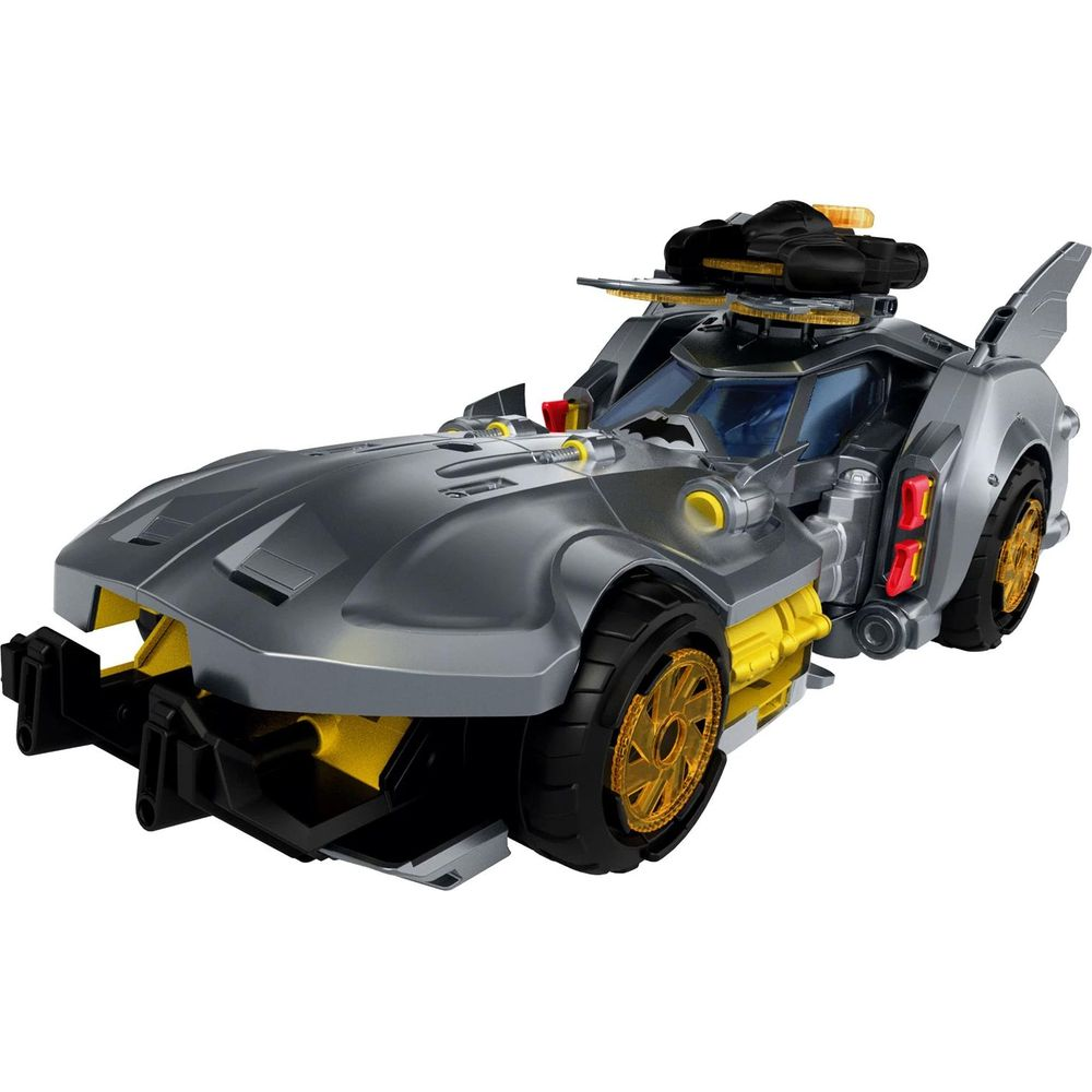 Ein futuristisches graues Spielzeug-Batmobil mit gelben Akzenten und einer Waffe auf weißem Hintergrund.