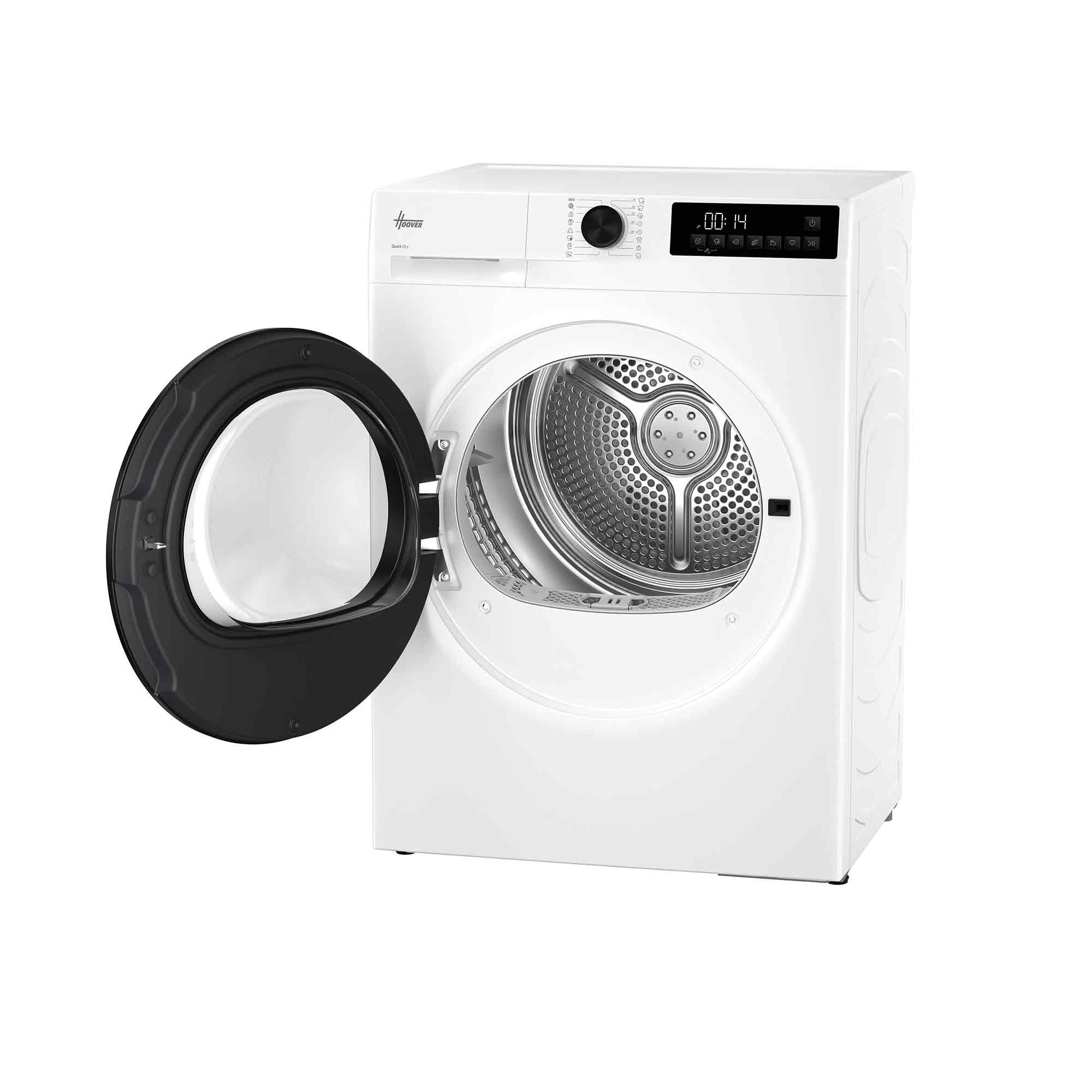 Ein weißer Hoover Trockner mit geöffneter Tür und Blick auf die Trommel.