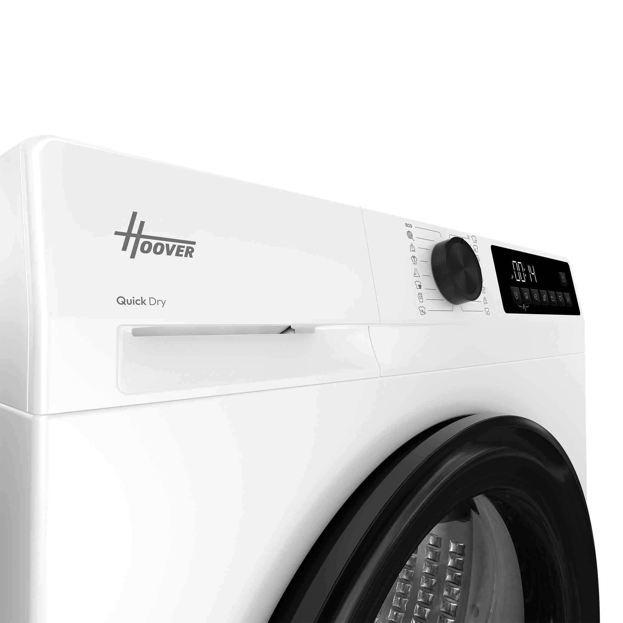 Nahaufnahme einer weißen Hoover Waschmaschine mit schwarzem Bedienfeld und runder Tür.