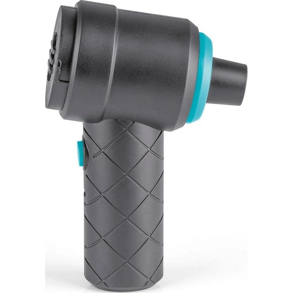 Eine schwarze Hand-Elektropumpe mit strukturiertem Griff und einem türkisfarbenen Akzentring vor weißem Hintergrund.