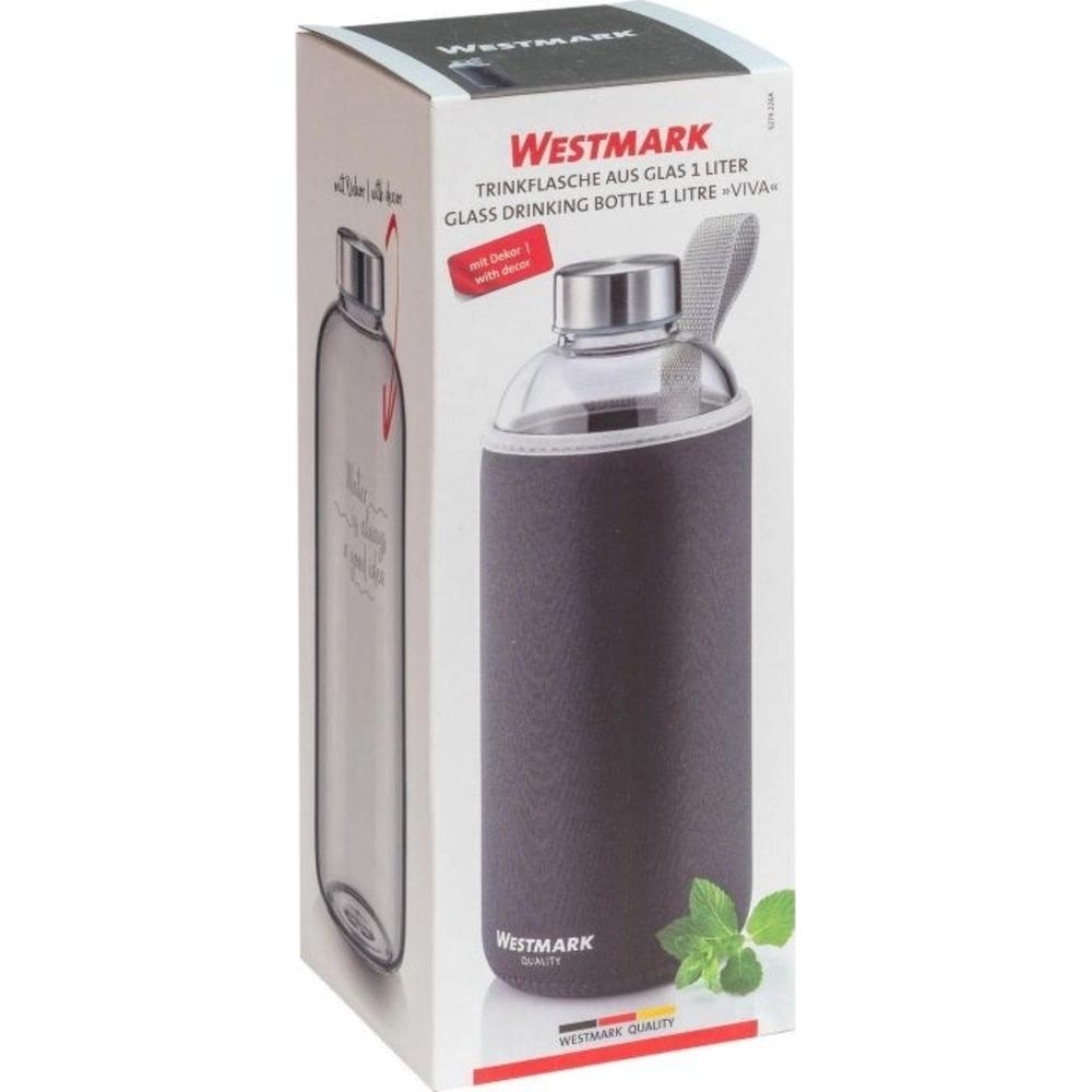 Verpackungskarton einer Westmark Glas-Trinkflasche VIVA mit grauer Schutzhülle und Minzblättern.