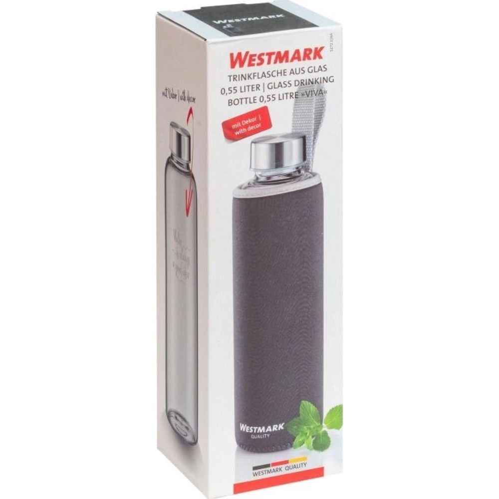 Verpackung der Westmark Viva Glas-Trinkflasche, 0,55 Liter, mit grauem Stoffbezug und silbernem Deckel.