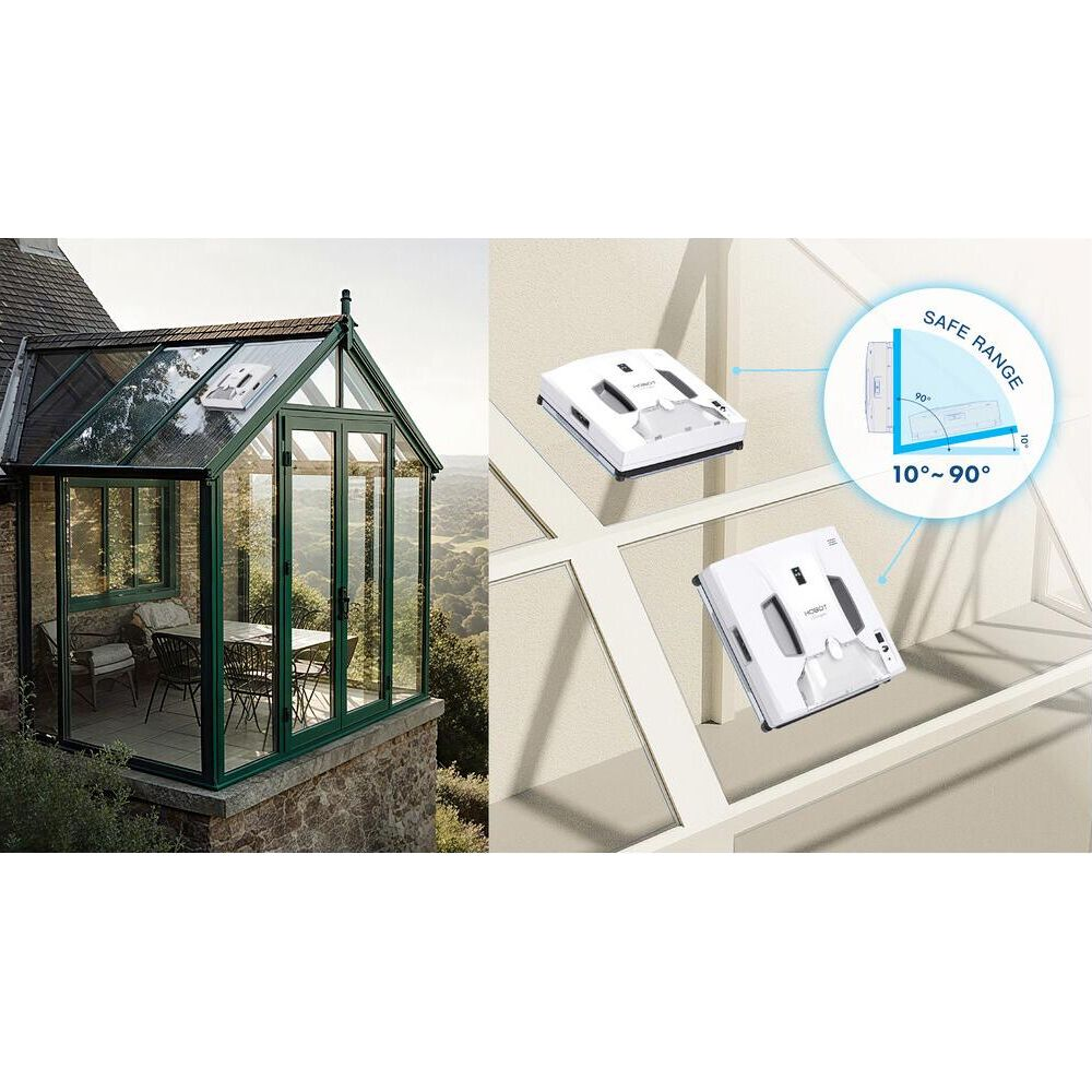 Ein Fensterputzroboter reinigt ein Glasdach, mit Diagrammen zum Winkelbereich rechts.