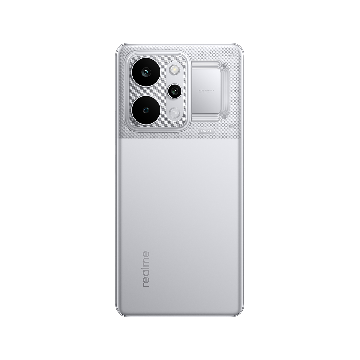 Il retro di uno smartphone Realme argento con due grandi obiettivi fotografici e il logo Realme.