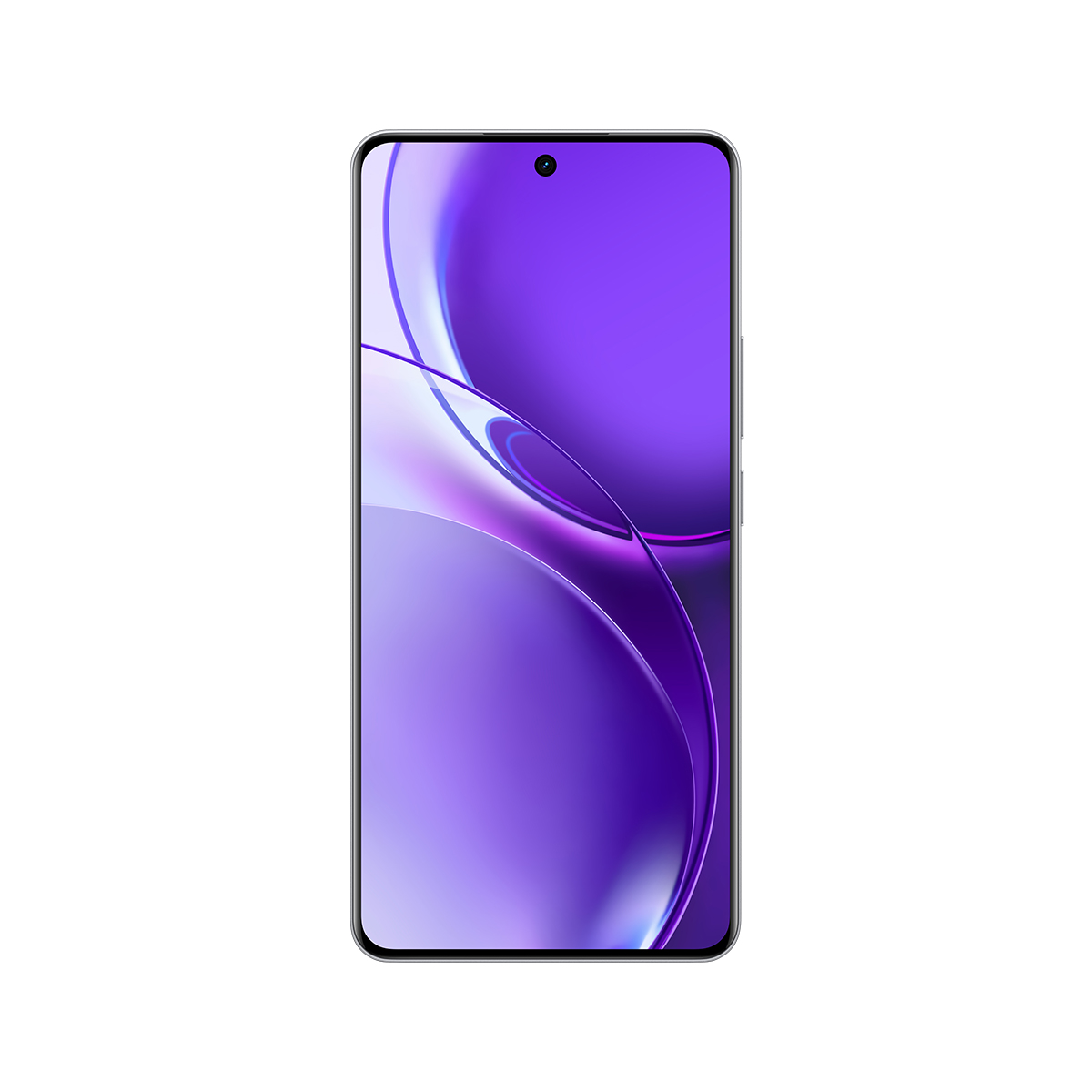 Uno smartphone elegante con un vivace sfondo astratto viola e blu sullo schermo, isolato su sfondo bianco.