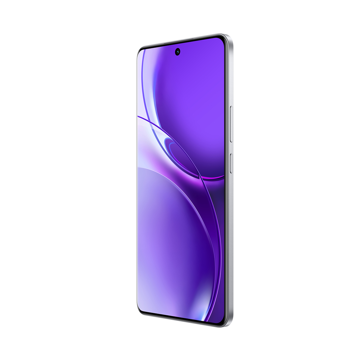 Uno smartphone argentato mostra uno sfondo viola e curvo sullo schermo.
