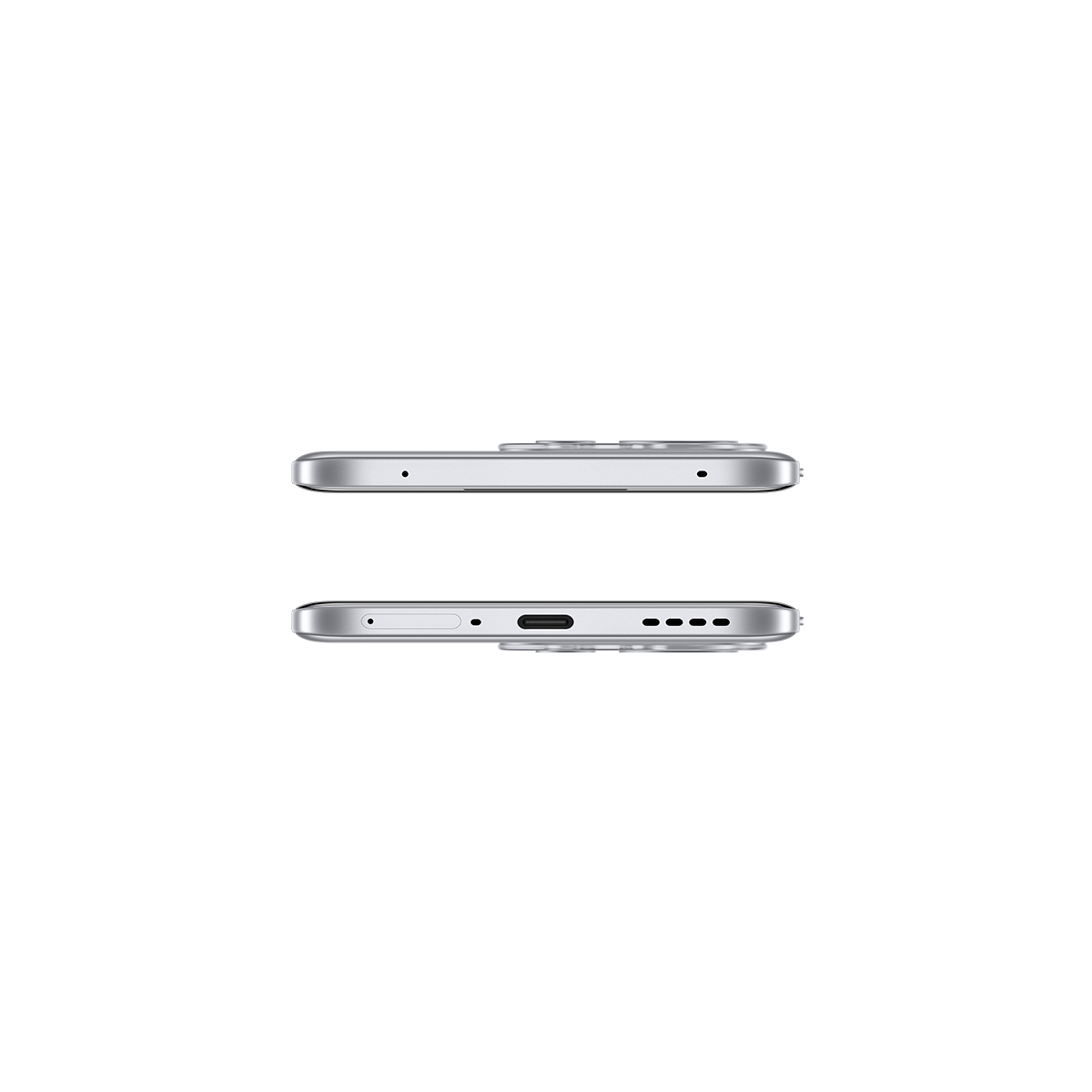Viste superiore e inferiore di uno smartphone argento con porta USB-C, microfoni e carrello SIM.