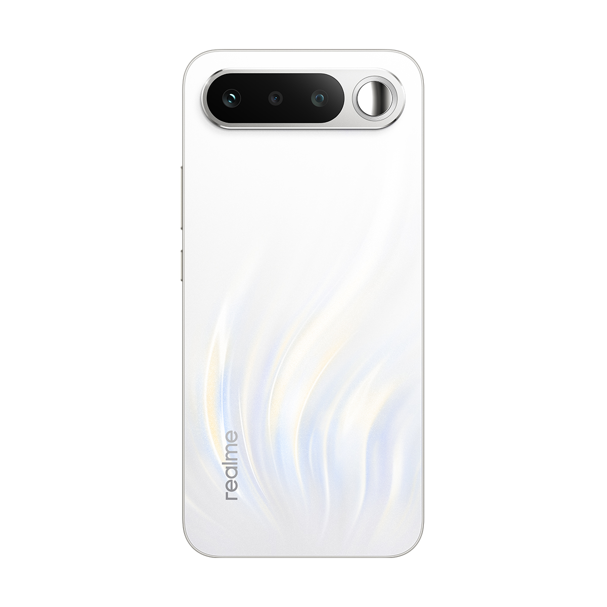 La parte trasera de un smartphone Realme blanco con un módulo de triple cámara y el logotipo de Realme.
