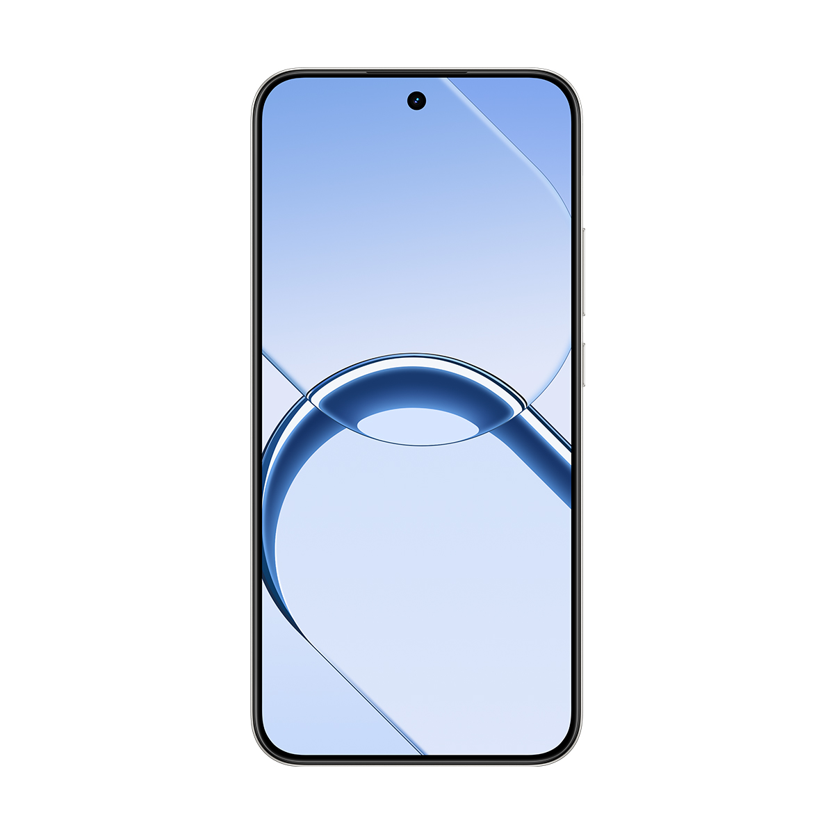 Un smartphone con un marco delgado y fondo abstracto azul que muestra un elemento gráfico central similar a un ojo.