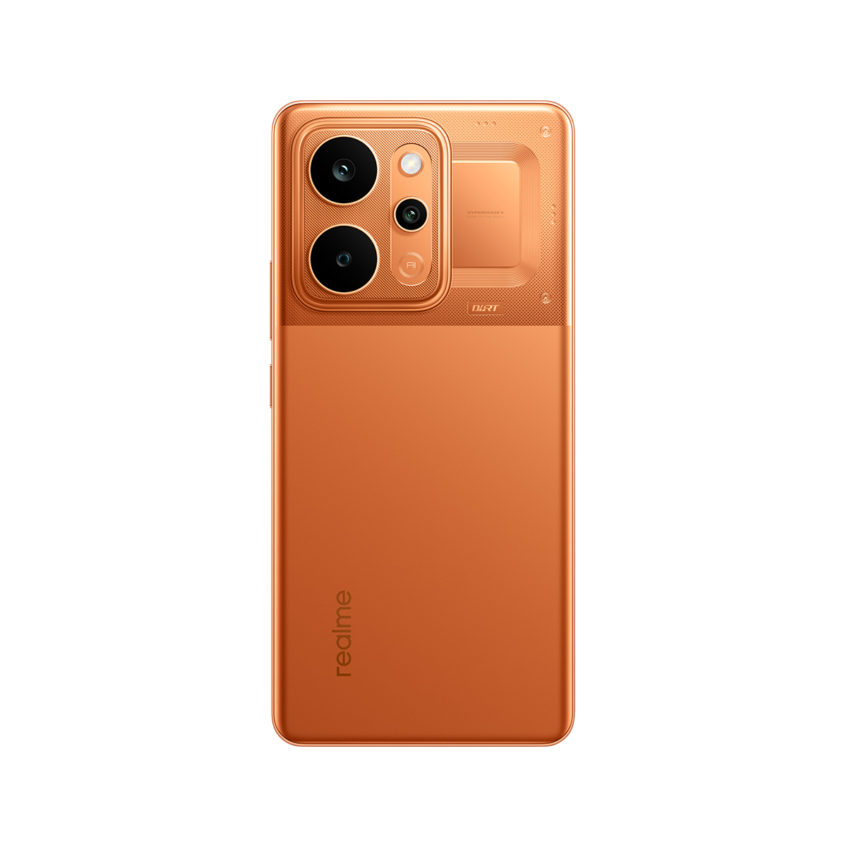 Retro di uno smartphone Realme arancione con modulo fotocamera rettangolare in alto.