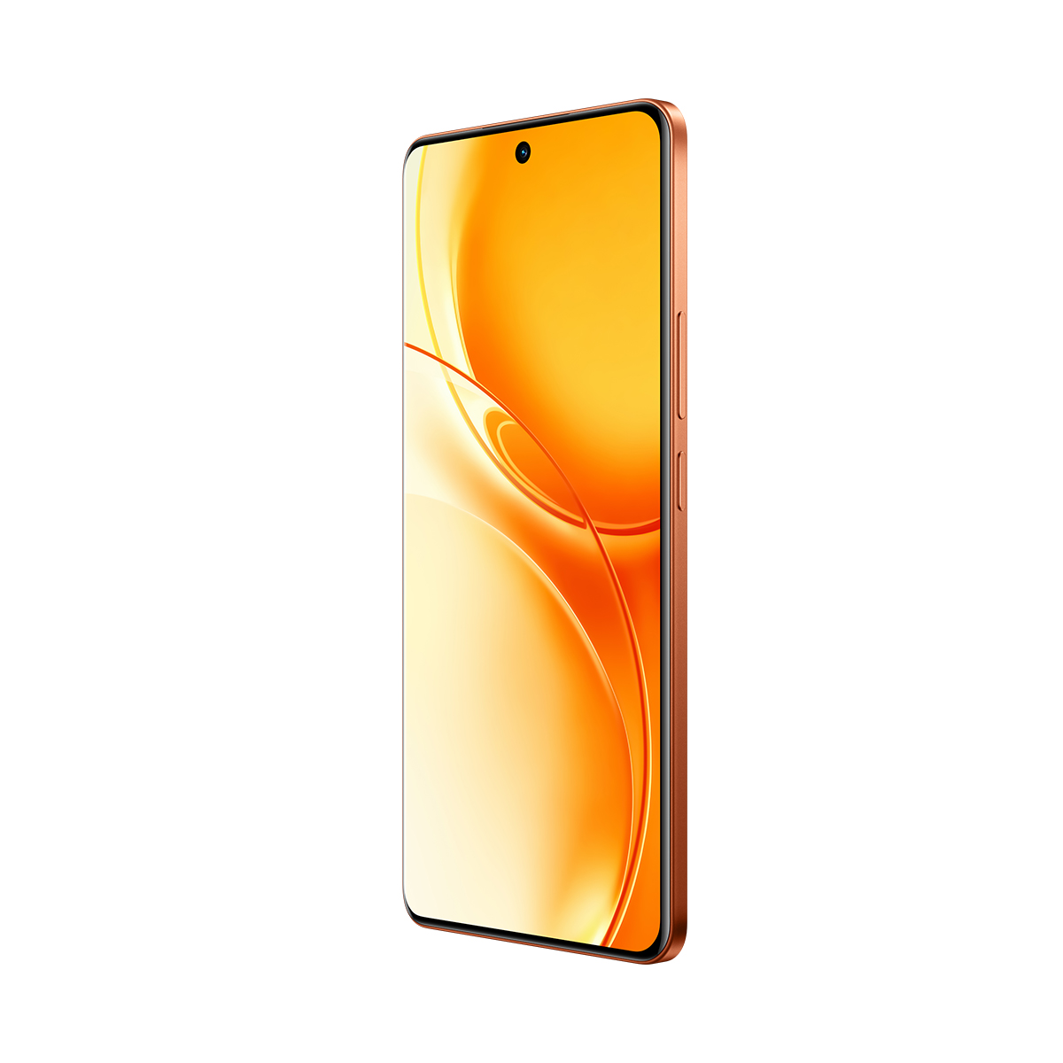 Uno smartphone con cornice arancione mostra uno schermo con motivo astratto arancione e giallo su sfondo bianco.