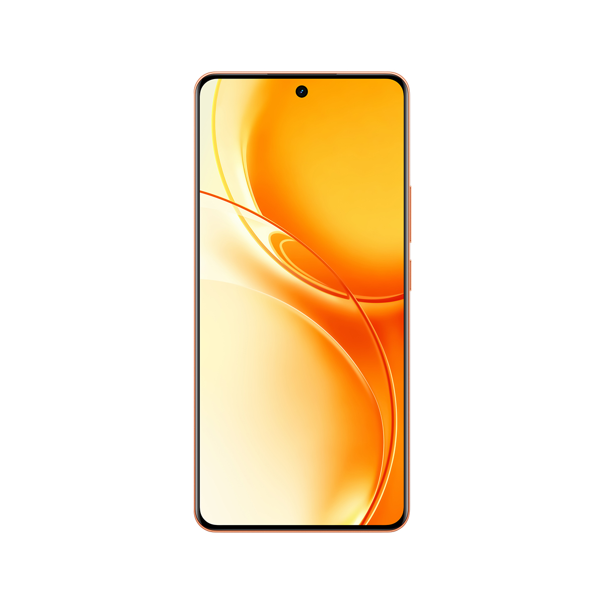 Uno smartphone con un vivace sfondo astratto arancione sullo schermo, mostrato su sfondo bianco.
