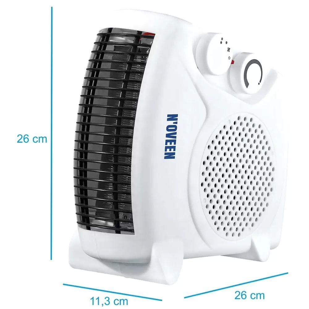 Biały termowentylator elektryczny z niebieskimi wymiarami: wysokość 26 cm, głębokość 11,3 cm, szerokość 26 cm.