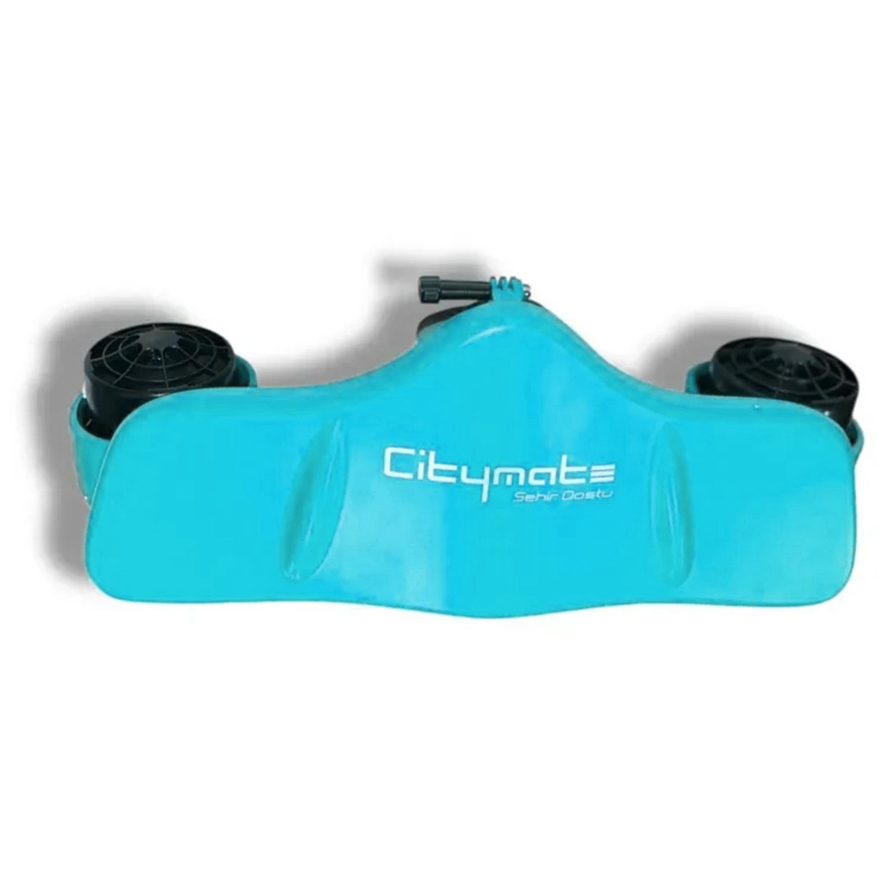 Beyaz arka planda iki siyah pervaneli turkuaz renkli Citymate su altı scooter'ı.