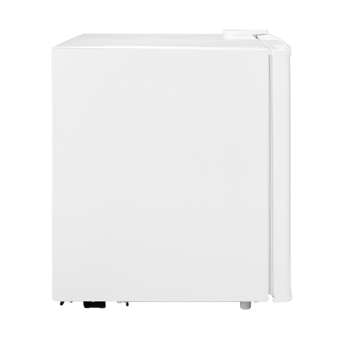 Un mini frigorifero bianco compatto visto di lato su sfondo bianco.