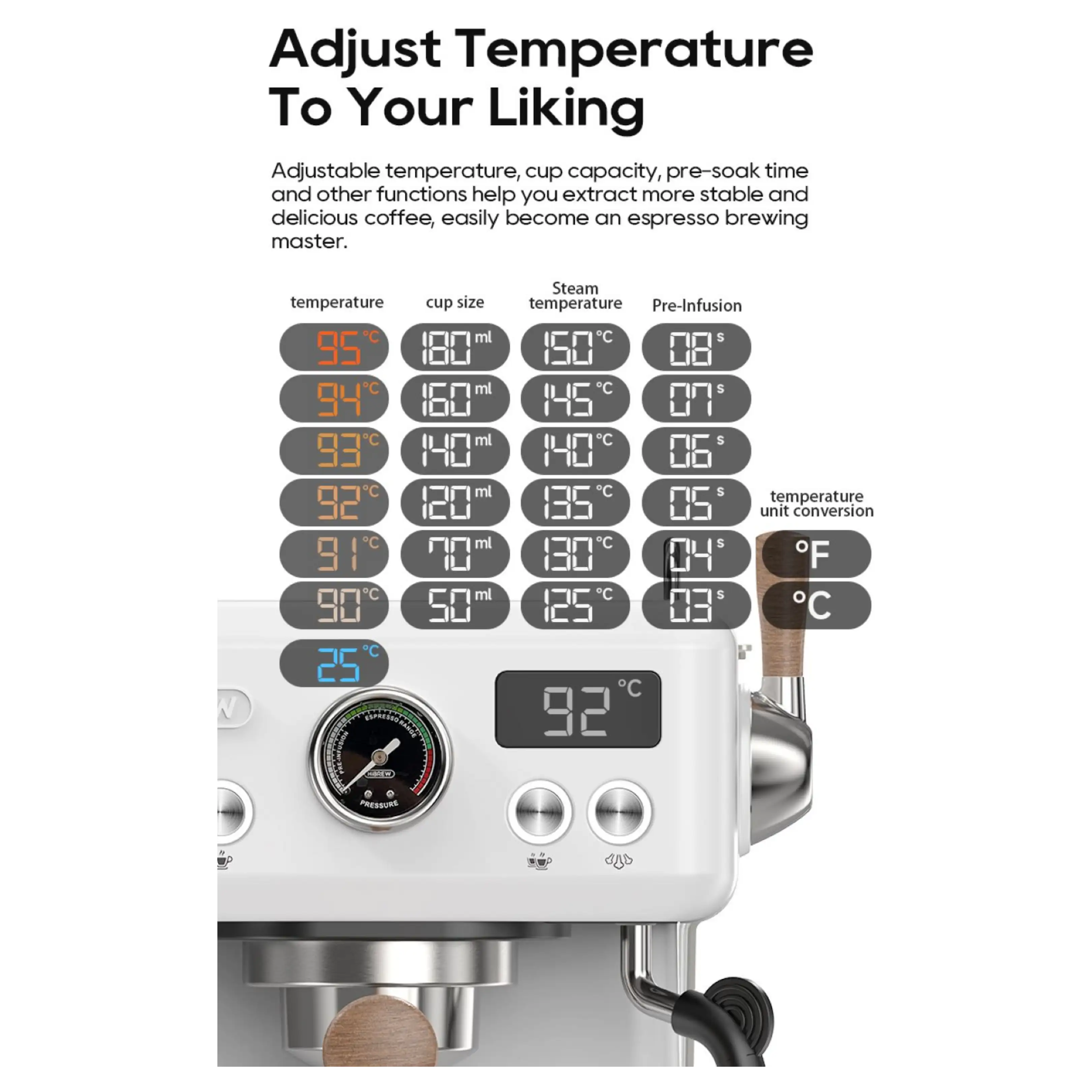 Macchina per espresso con display digitale e impostazioni per temperatura e dimensione della tazza.